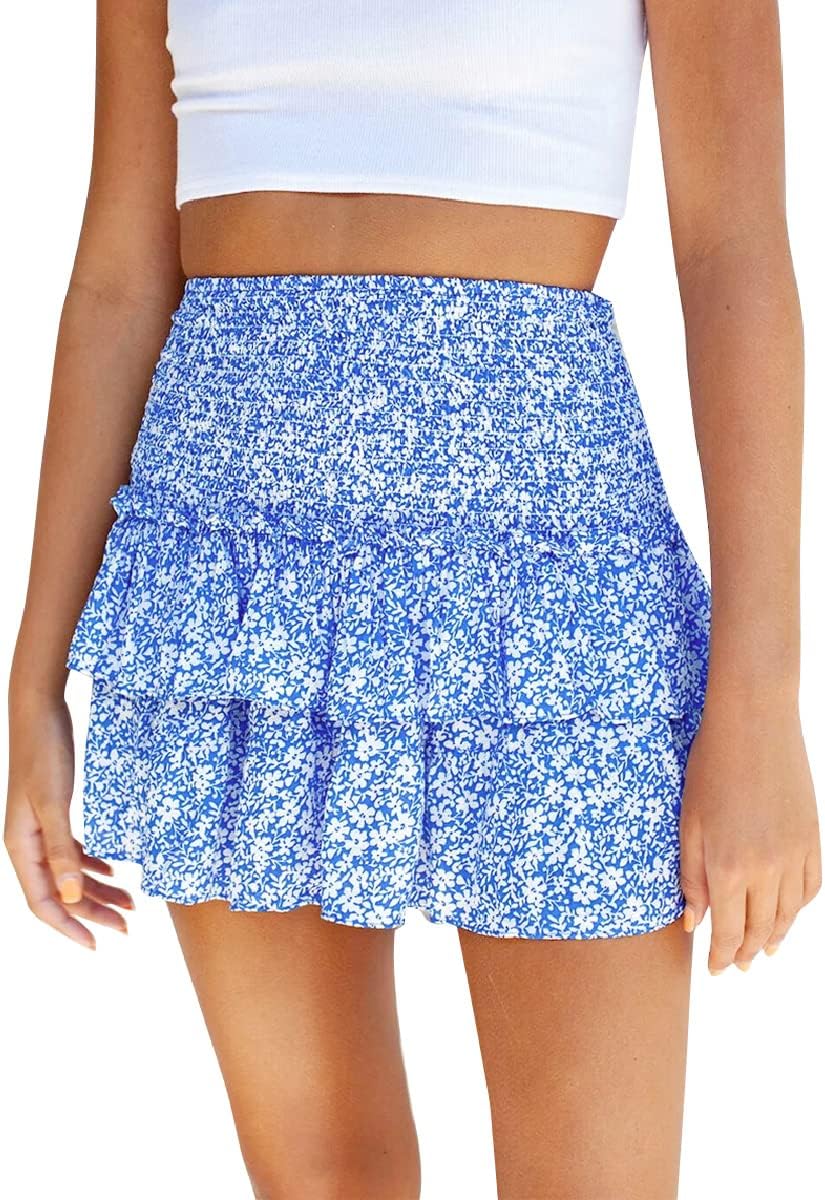 ABAFIP Women Ruffle Mini Skirt Smocked High Waist Floral Print Boho Pleated Layered Short Skirts
