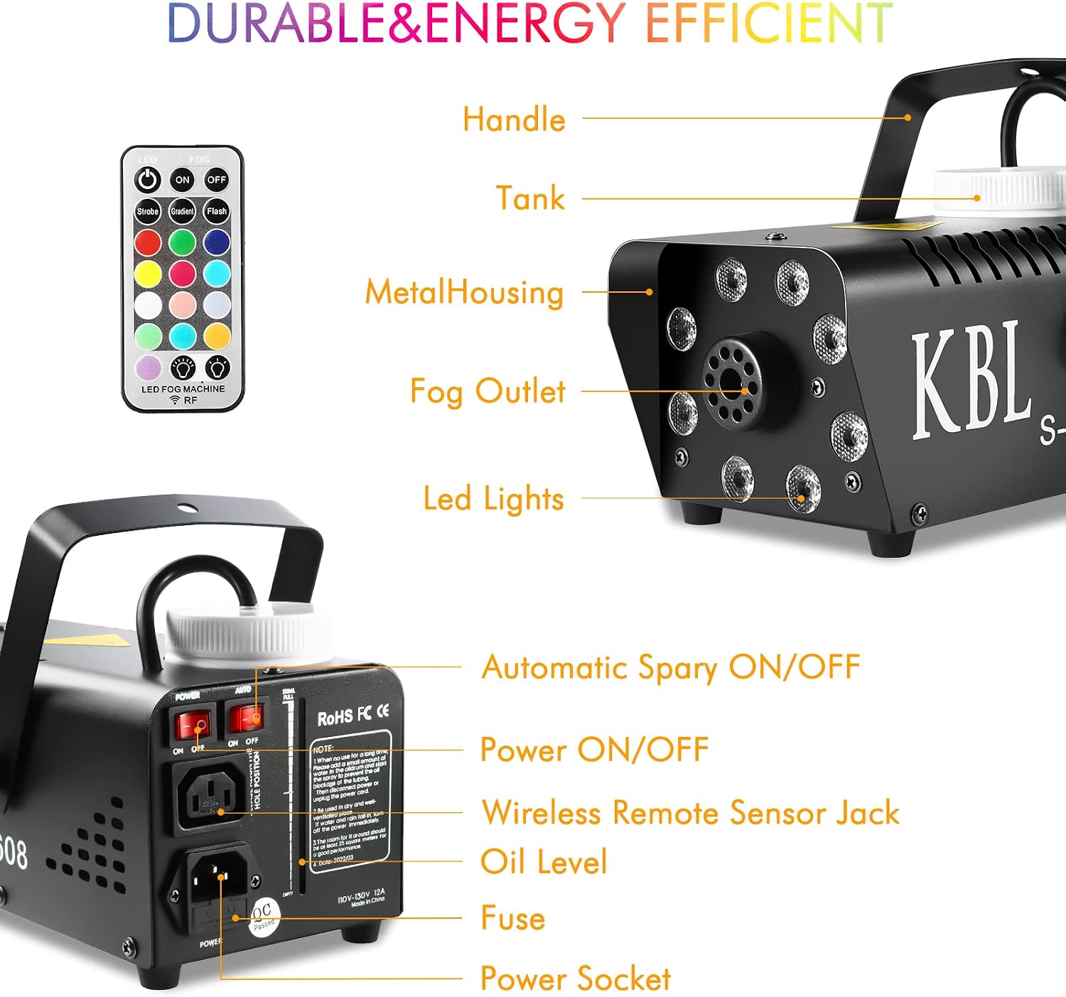 Fog Machine, KBLbfb 600W Smoke Machine with 13 Colorful LED Lights Effect, Automatic Fog with Wireless Remote Control for Christmas Parties Wedding Stage Disinfection(2022 Upgraded Version)