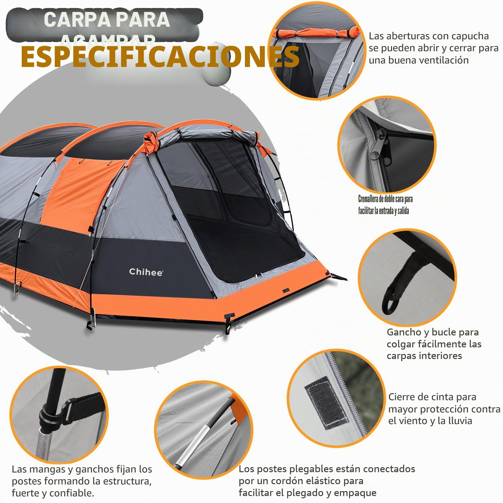 Chihee Tiendas de Camping Tienda Túnel Tienda Familiar 4 Personas con 2 Puertas Tienda de campaña Resistente a la Intemperie Tienda 4 Estaciones Doble Suelo Impermeable Porche con mosquitera Bolsa