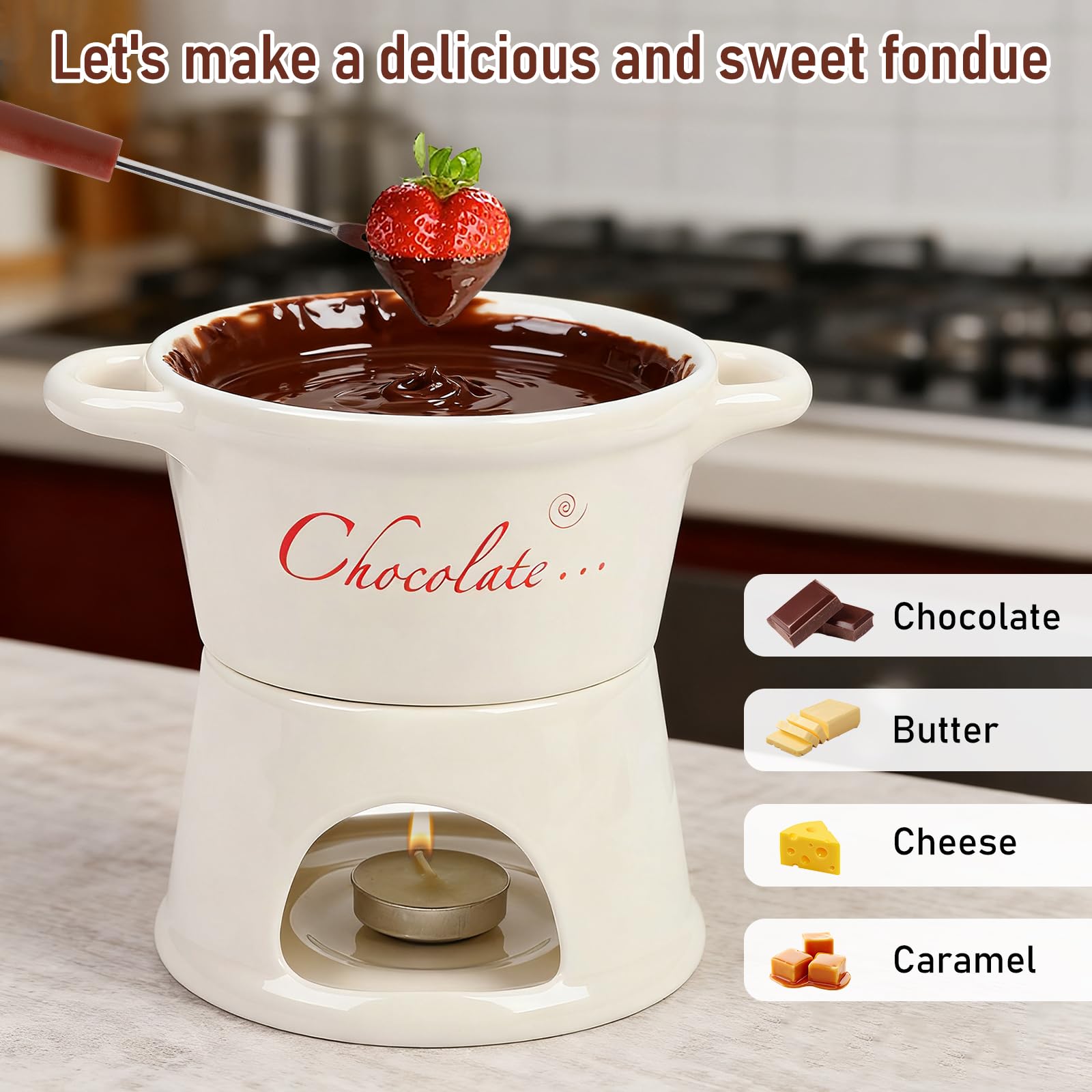 BigKing Tygiel do czekolady i sera, 300 ml, ceramiczny zestaw czekoladowego fondue z 4 widelcami i 4 świeczkami, wyjmowany, mini kubek do fondue do domu, restauracji i kawy