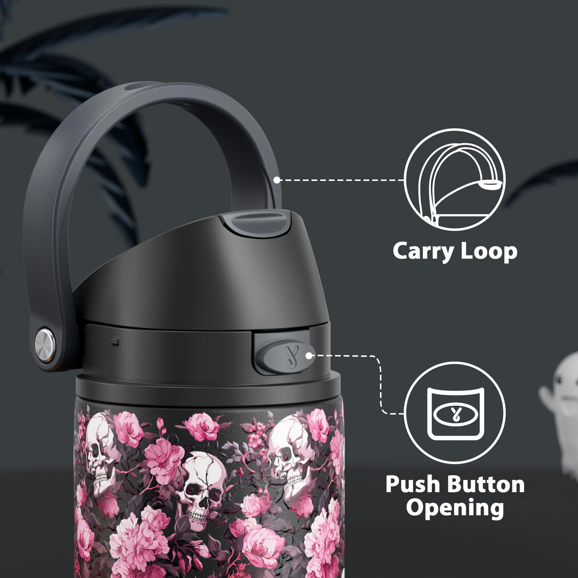 24 oz Insulated Water Bottle for Halloween: Meoky Stainless Steel Water Bottle with Straw and Spout Lid - Leak Proof, Cold for 24 Hours, Fits in Car Cup Holder, Halloween Gifts for Adults, Haunt Bloom