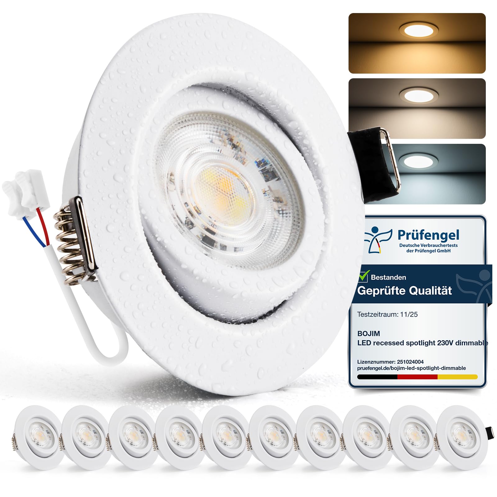 BOJIM LED Einbaustrahler 230V Dimmbar für Bad, 7W LED Spots Deckenleuchte 68mm Lochmaß, Einbauleuchten Flach IP44, Warmweiß Kaltweiß Neutralweiß, Schwenkbar Deckenspots für Küche Wohnzimmer, 10er Set