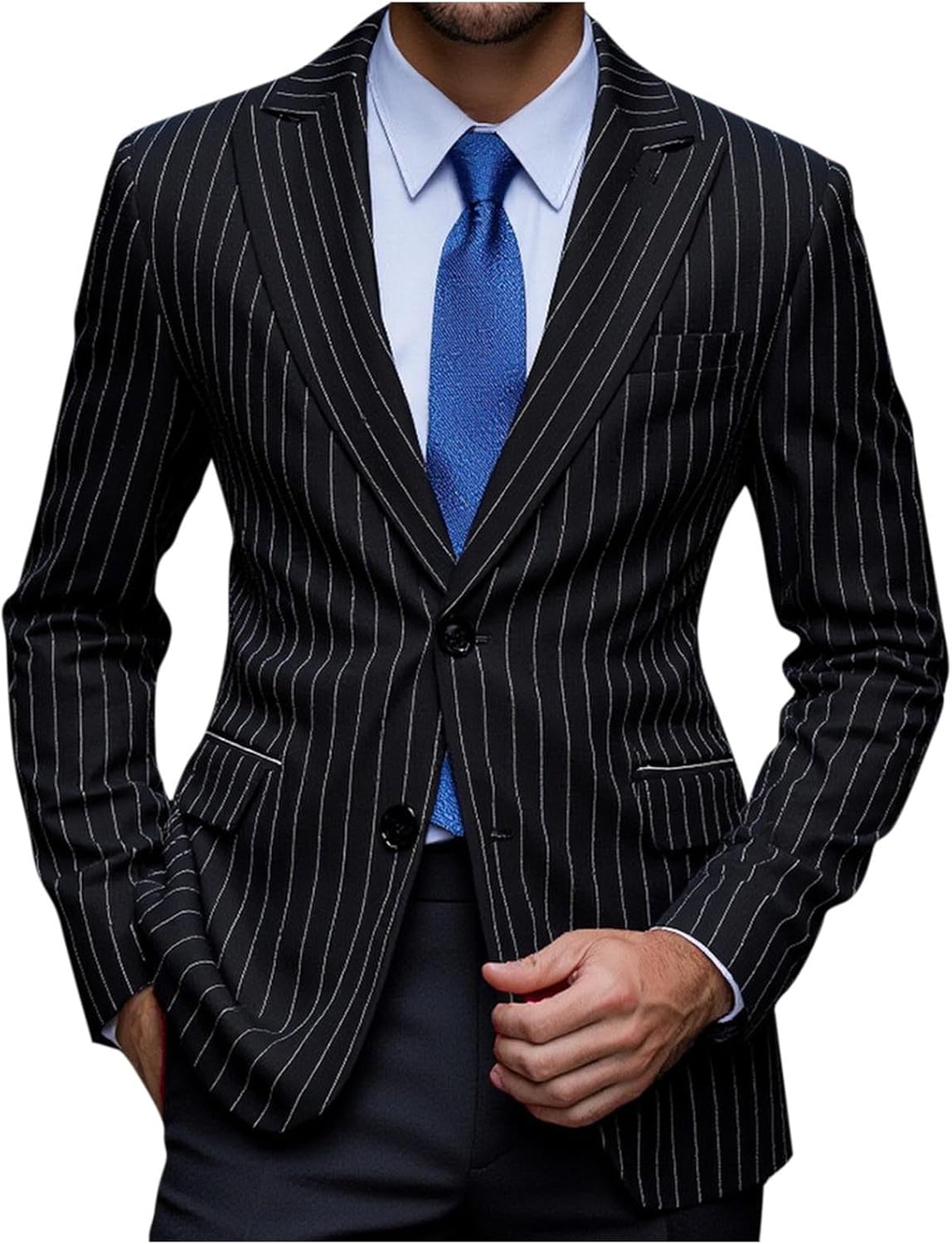 Mens Striped Suit Jacket Fashion Slim Fit Pinstripe Blazer Jackets Two Button Long Sleeve Business Casual Dress Coats