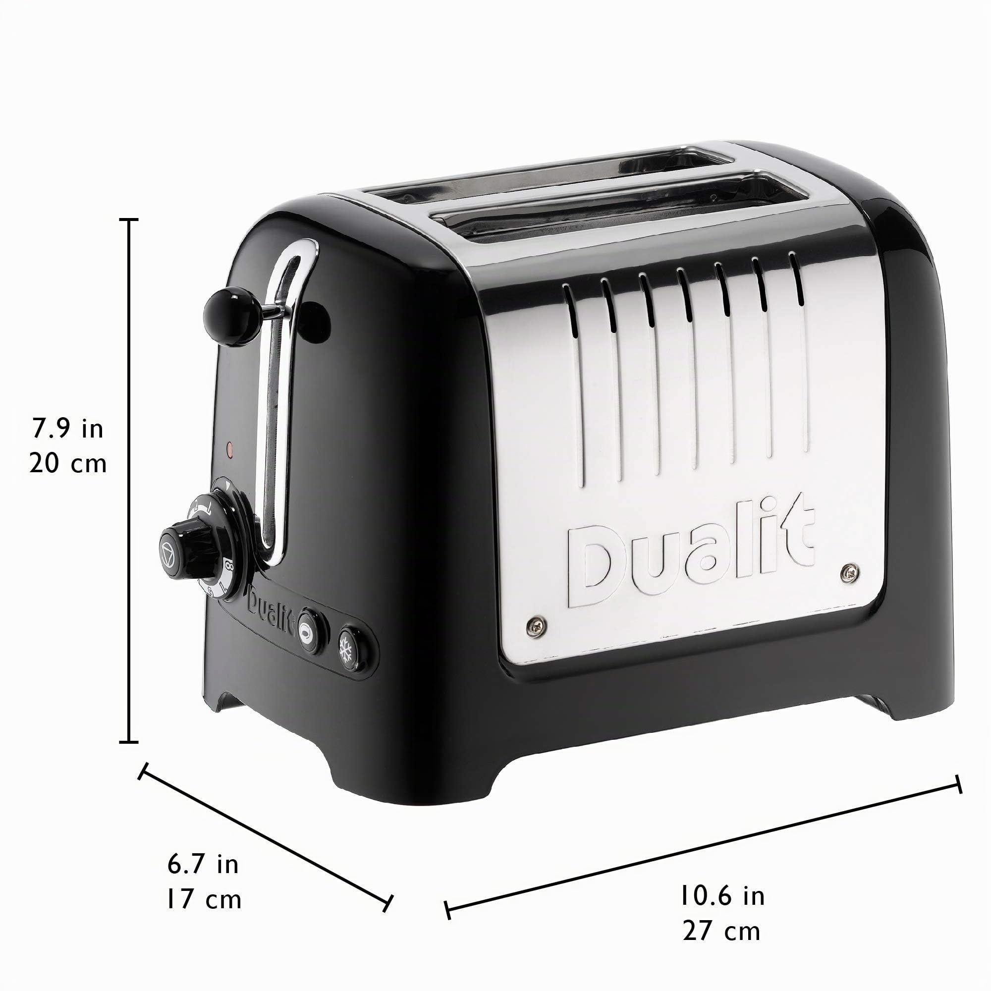 Dualit LITE Toaster 2 Scheiben, 36-mm-Schlitze, Edelstahlgehäuse, Schwarz | Retro-Design, für Bagels, Brötchen und Toastbrot, Auftaufunktion, Peek-and-Pop®, wählbare Bräunungsstufen, 1.700 g