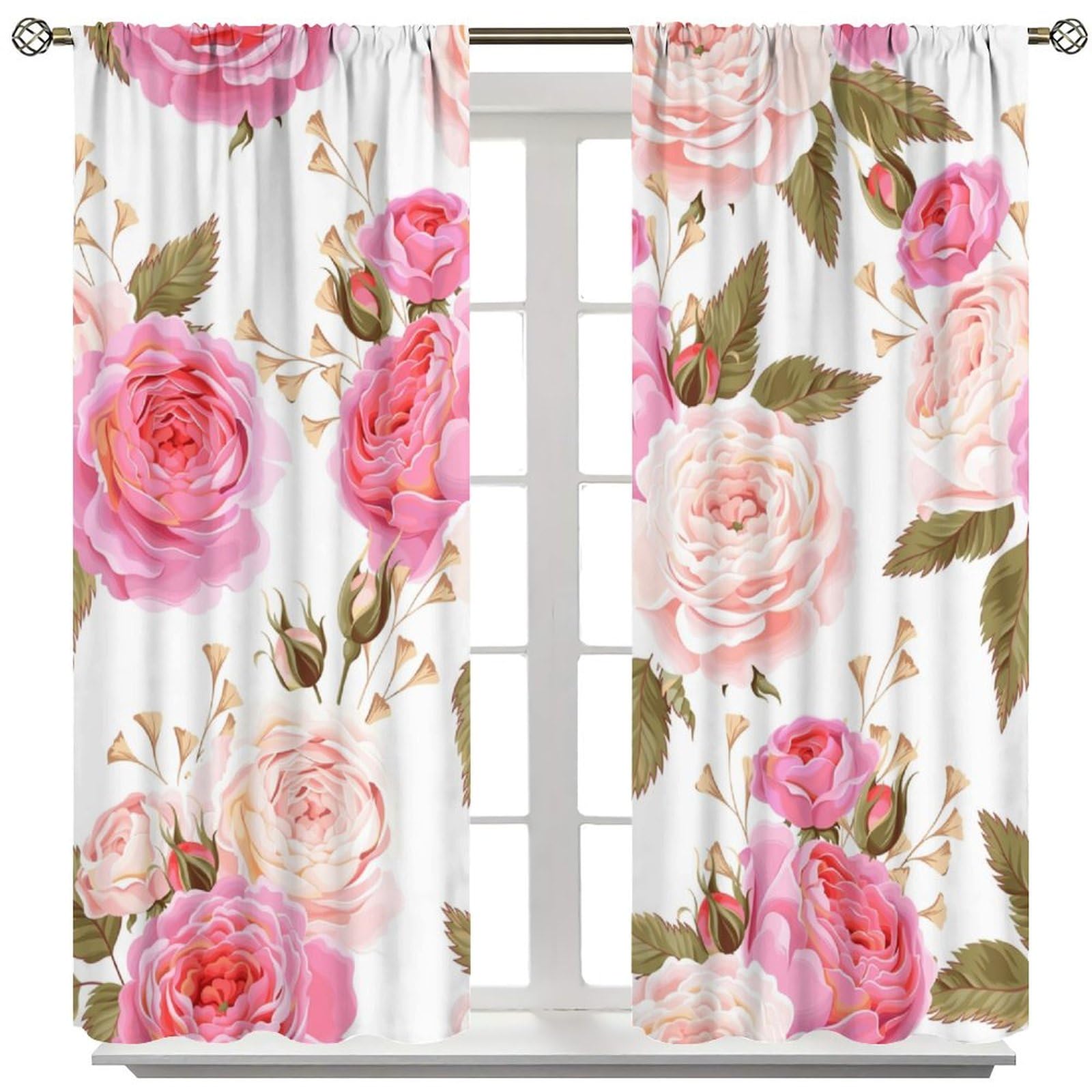 HZOHNAGO Rose Curtains Watercolor Pink Flowers Pattern Print Decor Rod Pocket Window Drapes for Bedroom Living Room 42x45in