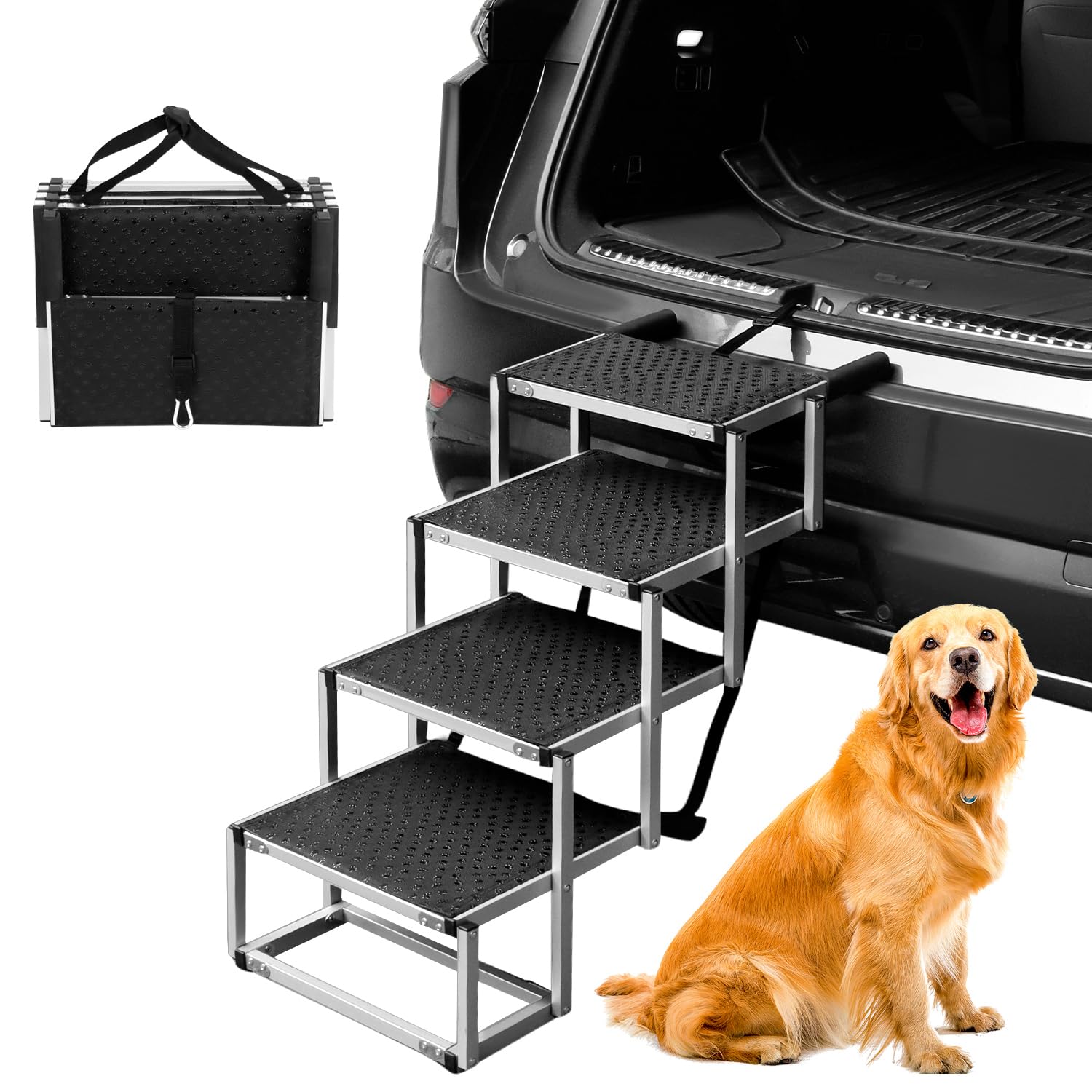 QWORK® Escalera Perros Plegable para Coche, Escaleras de 4 Escalones para Pequeños y Grandes, Altura Ajustable hasta 64 cm, Capacidad de Carga hasta 80 kg