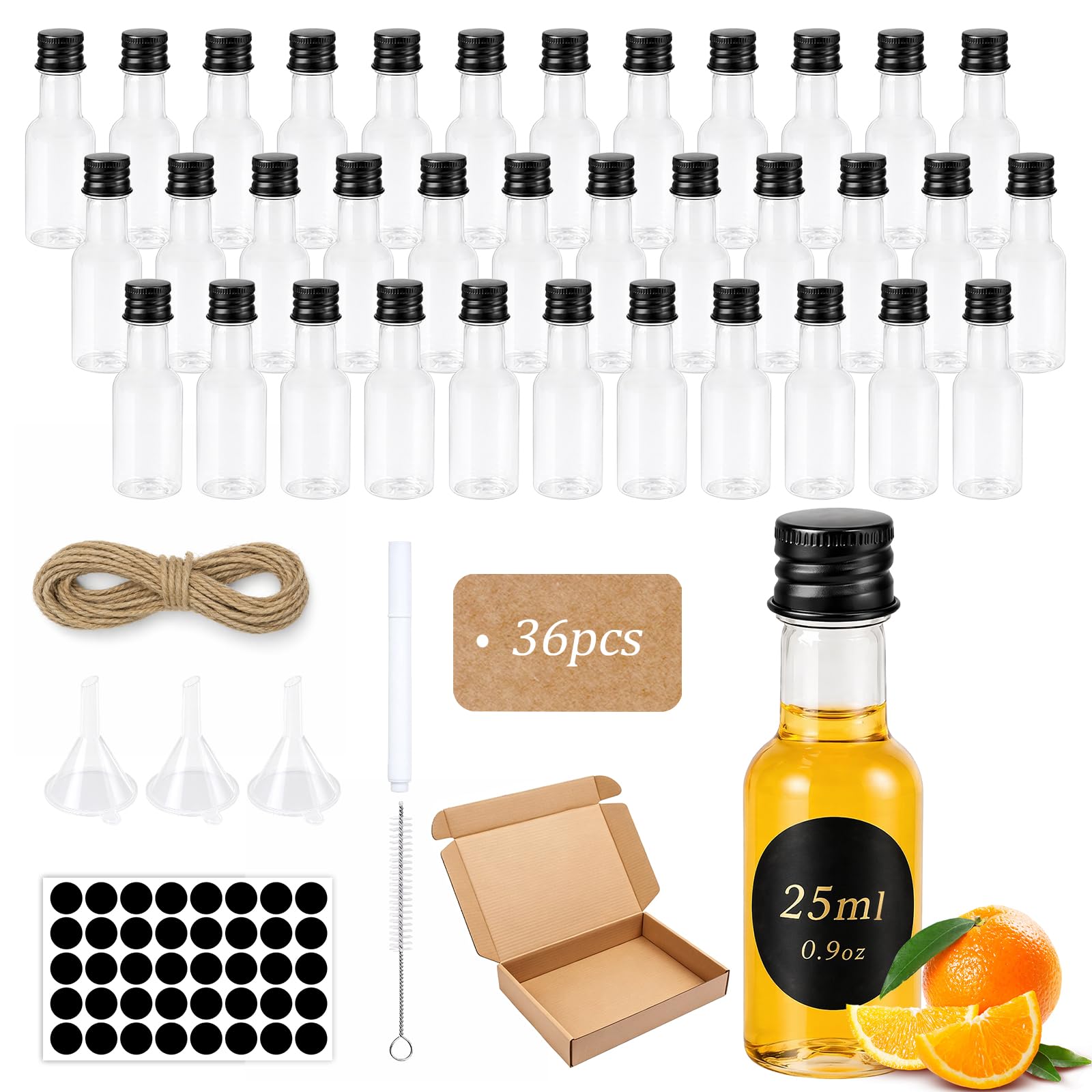 Yuaerbuo 36 Pack Miniature Alcohol Bottles 25ml, Reusable Shot Bottles with Lids, Empty Mini Plastic Bottle for Wedding Favour - Include Screw Cap Funnel Cleaning Brush Hangtag Label Rope and Pen