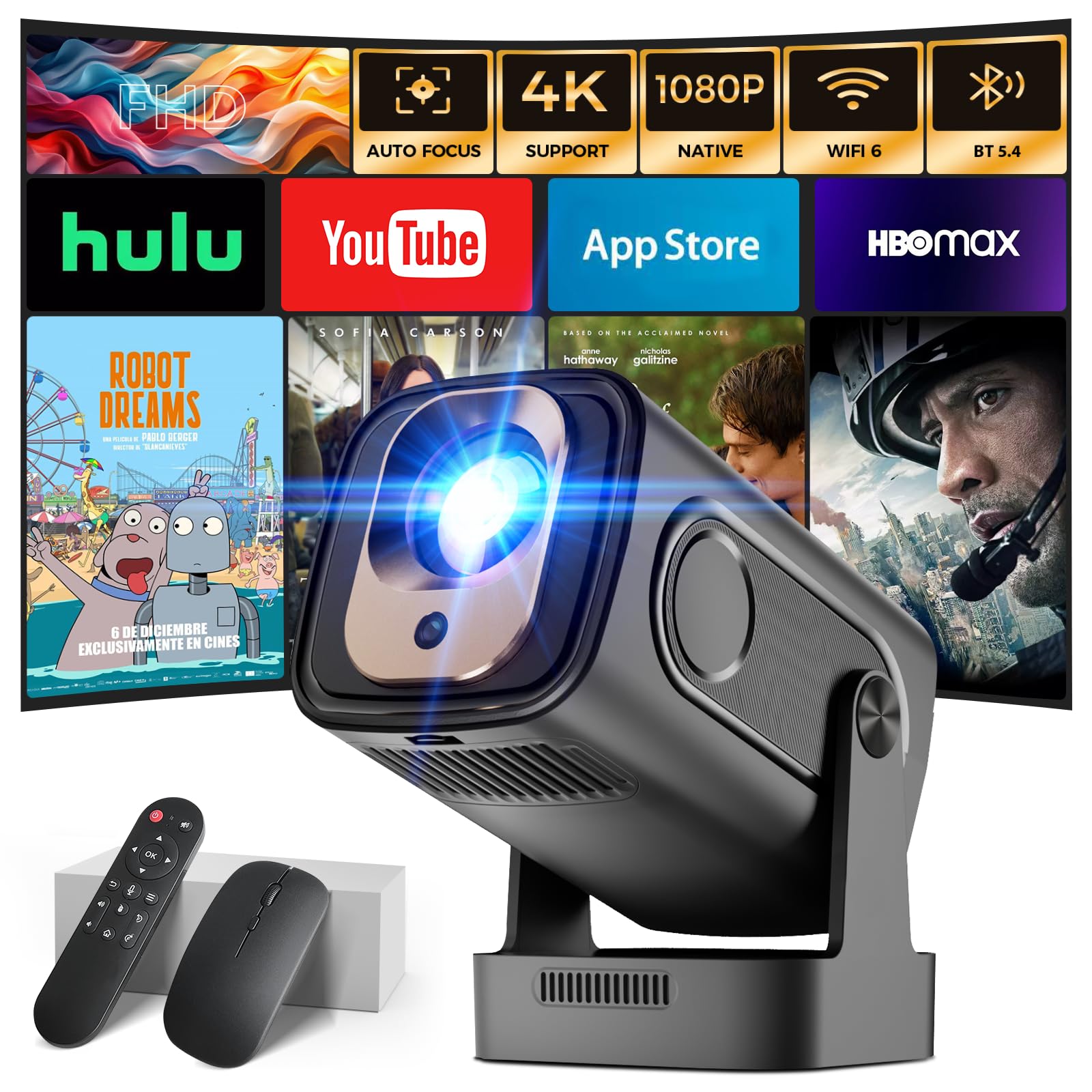 Vidéoprojecteur 2026 [Auto Focus & 1080P Natif & Apps intégréess] Rétroprojecteur 4K Auto Correction WiFi 6 BT 5.4 Mini Projecteur Portable Compatible avec HDMI/TV Stick/Memory Stick/Laptop, Noir