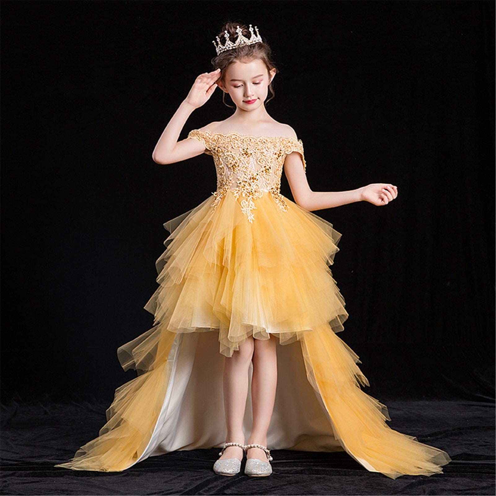 Kleider für besondere Anlässe für Mädchen, Kinderkleider, Prinzessinnenkleider, nachlaufende Models, Catwalk-Host-Kostüme, Blumenmädchen-Hochzeitskleider, Pettiröcke (Farbe: Gold, Größe: 140 cm)