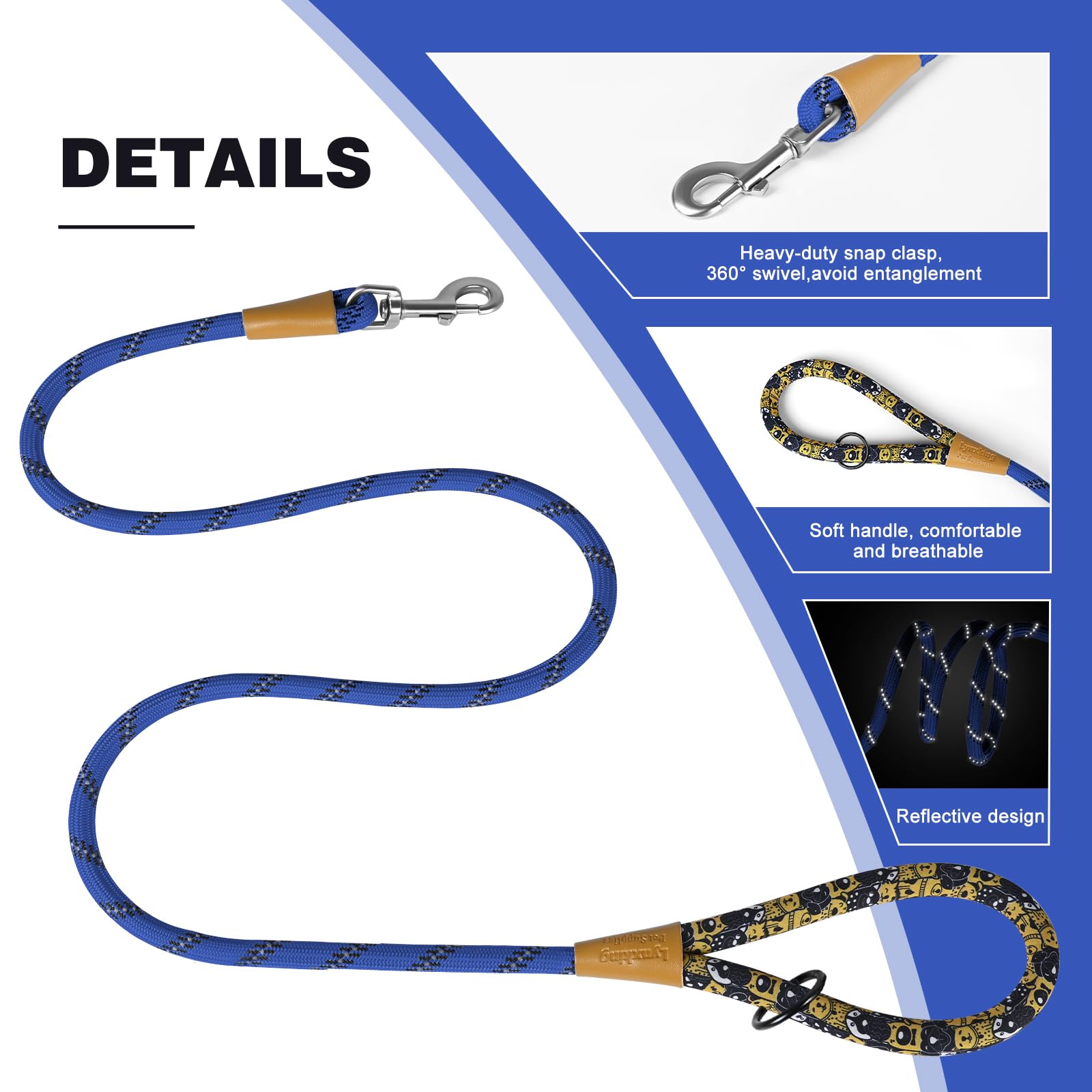 Lynxking – Laisse pour chien en corde de 1,8 m avec poignée rembourrée confortable, laisse à fils hautement réfléchissants pour chiens de petite, moyenne et grande taille (Bleu, 2PCS Grande 1/2po x
