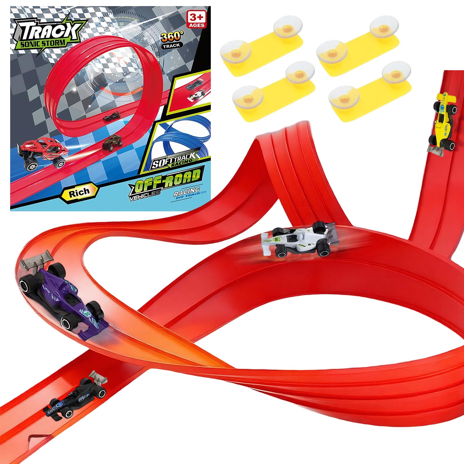 Flexible Car Track 5m, Toy Car Speed Race Track with 4 Diecast Cars, 8 Suckers and 4 Connectors