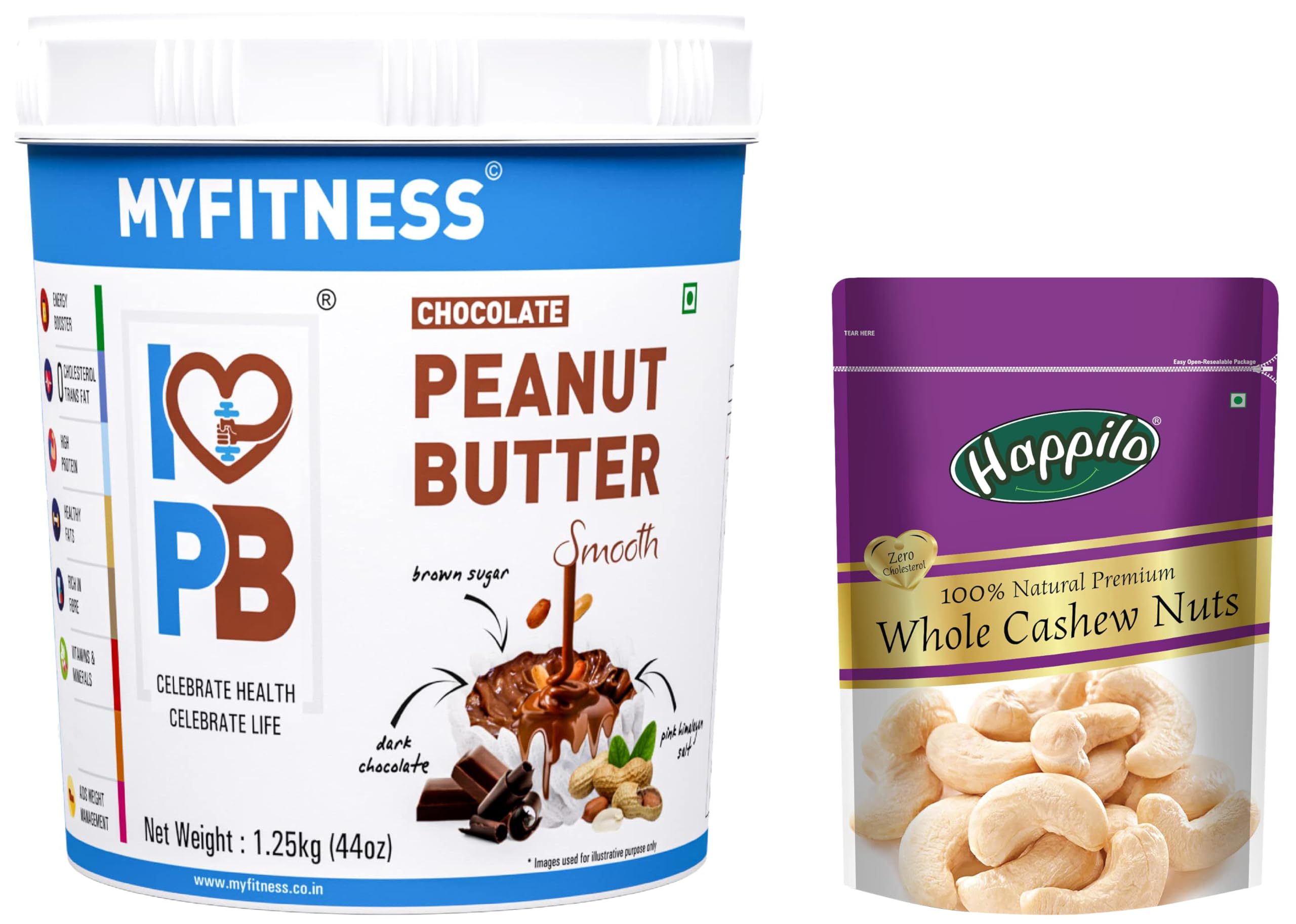 MYFITNESS Chocolate Peanut Butter Smooth 1250g | 22g Protein & Happilo 100% Natural Premium Whole Cashews, 200 g (Pack of 1)