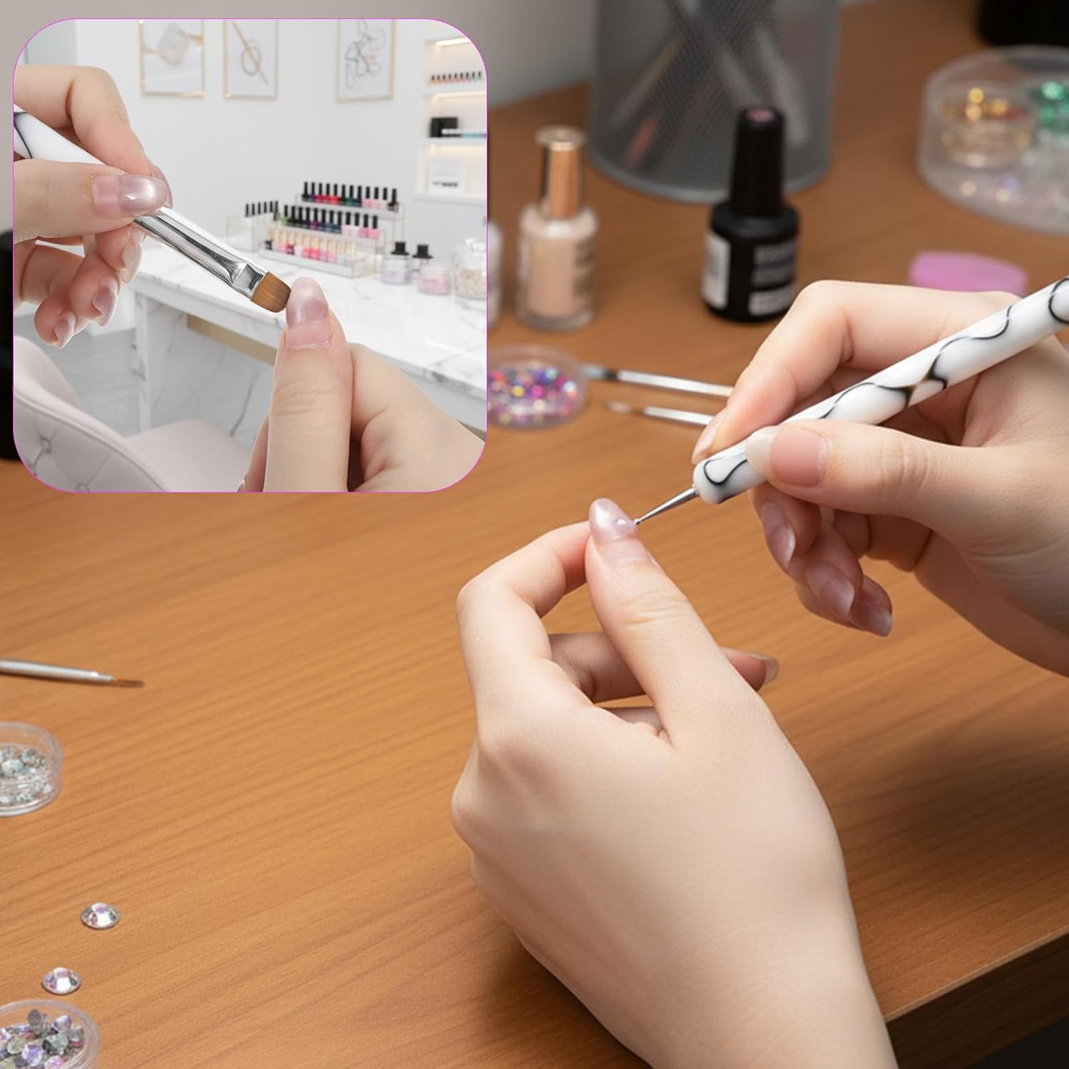 French Gel Nail Art Brush with Dotting Tools 4 Pcs Acrylic Two Way Nail Art Brush Professional Manicure Salon Tool for Nail-Design, Nail-Extension, Cuticle Clean Up (4 Colors, 10#, 12#, 14#, 16#)