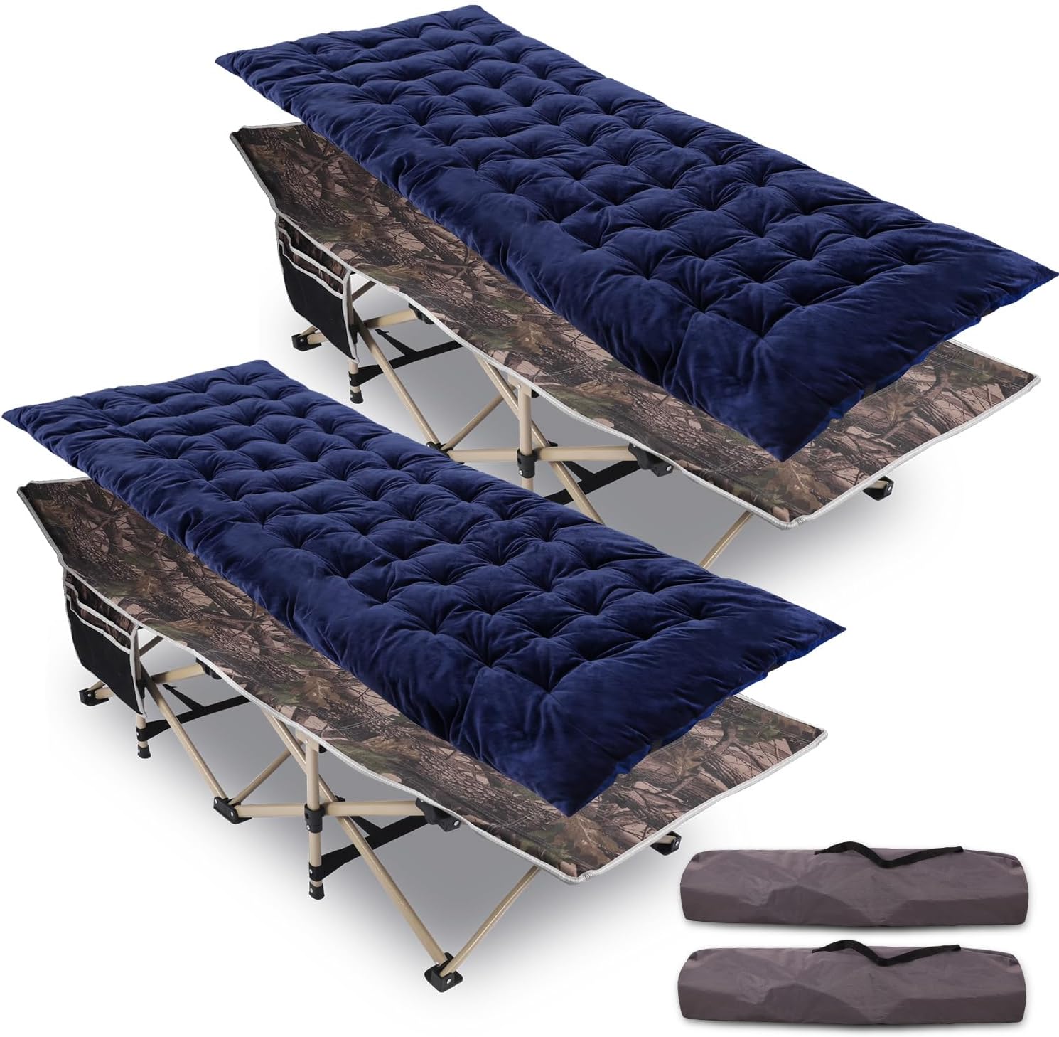 REDCAMP 2-Pack Folding Camping Cots for Adults with Thick Mattress Pad, Heavy Duty Sleeping Cots Soft Comfortable for Outdoor Camping Indoor Home Office Nap (Camo Cot, Blue Thick Pad)