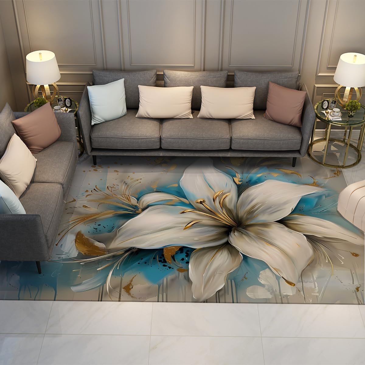 Tapis de lys blanc moderne 100x150 antidérapant lavable pour grand salon