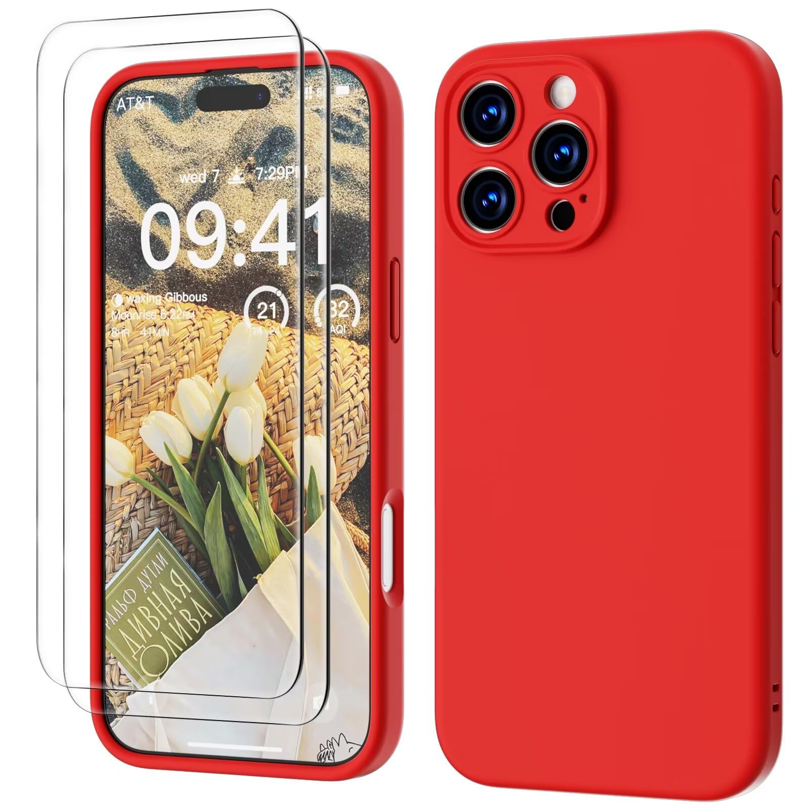 GOODVISH 3 in 1 Silicone Cover per iPhone 16 Pro Max 6.9", Custodia con 2 Pellicola Vetro Temperato [Protezione Fotocamera] 360° Protezione Anticaduta Case per Cellulare Antiurto Resistente, Rosso