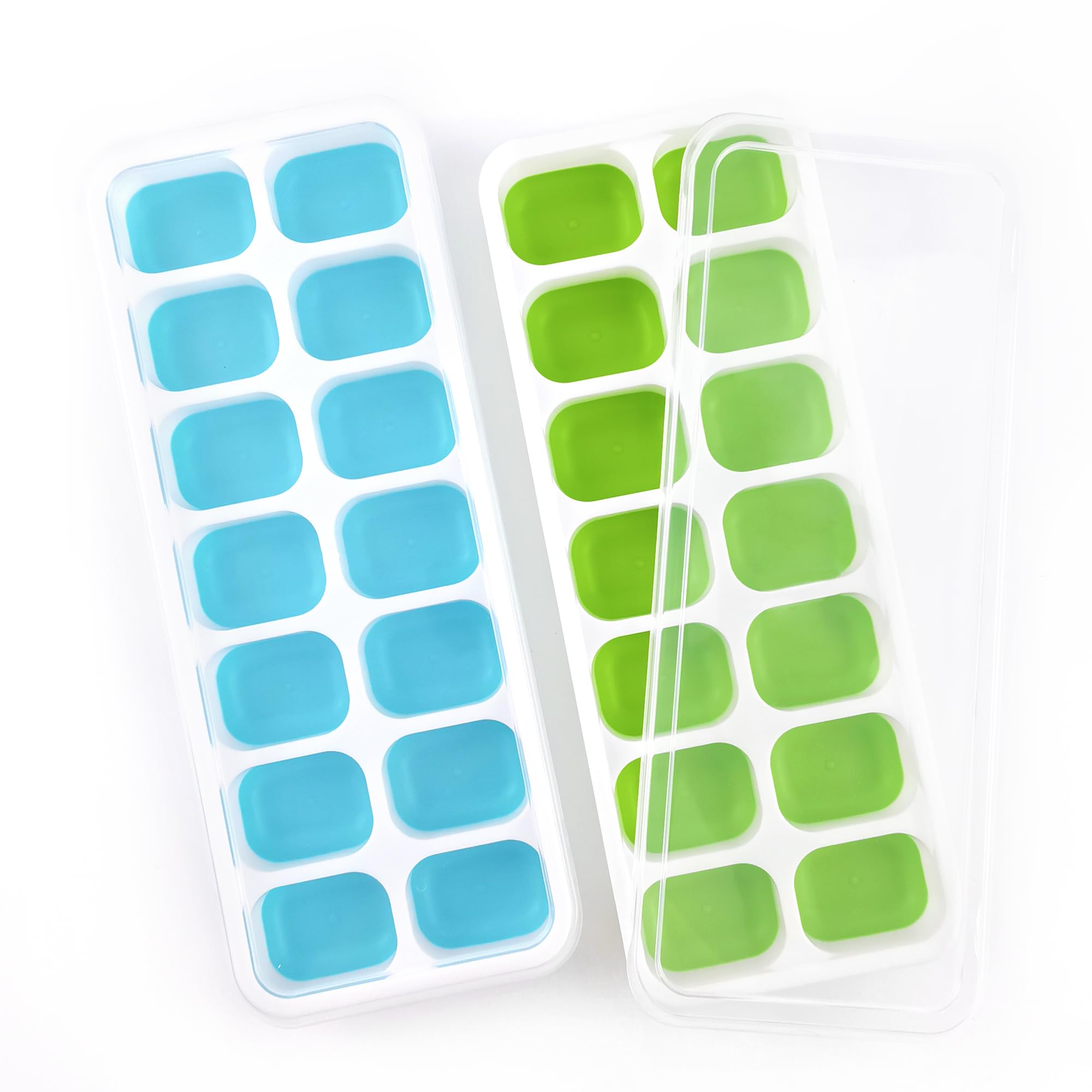 2 bandejas para cubitos de hielo con tapas, 14 moldes para cubitos de hielo, bandejas de hielo reutilizables de silicona de fácil liberación para cócteles, café, bebidas (verde, azul)