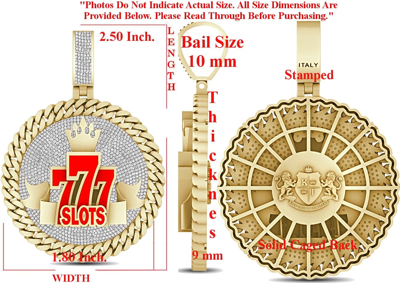 Real Genuine Authentic VVS1/D 3.50 Ctw. MOISSANITE Diamonds 14K Gold Finish Lucky 777 Jackpot Casino Slots Machine Miami Cuban Charm Pendant Chain Neckless Set 2.50 Inch.
