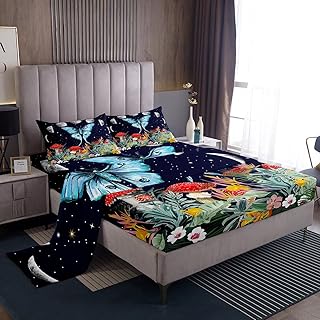 Erosebridal Blue Butterfly Bed Sheets for Girls Women,Moon Phase Sheet Set Queen Size Cute Mushroom Fitted Sheet Floral Flower Flat Sheet,Starry Night Mystic Stars Sheets Black Microfiber Soft Cozy