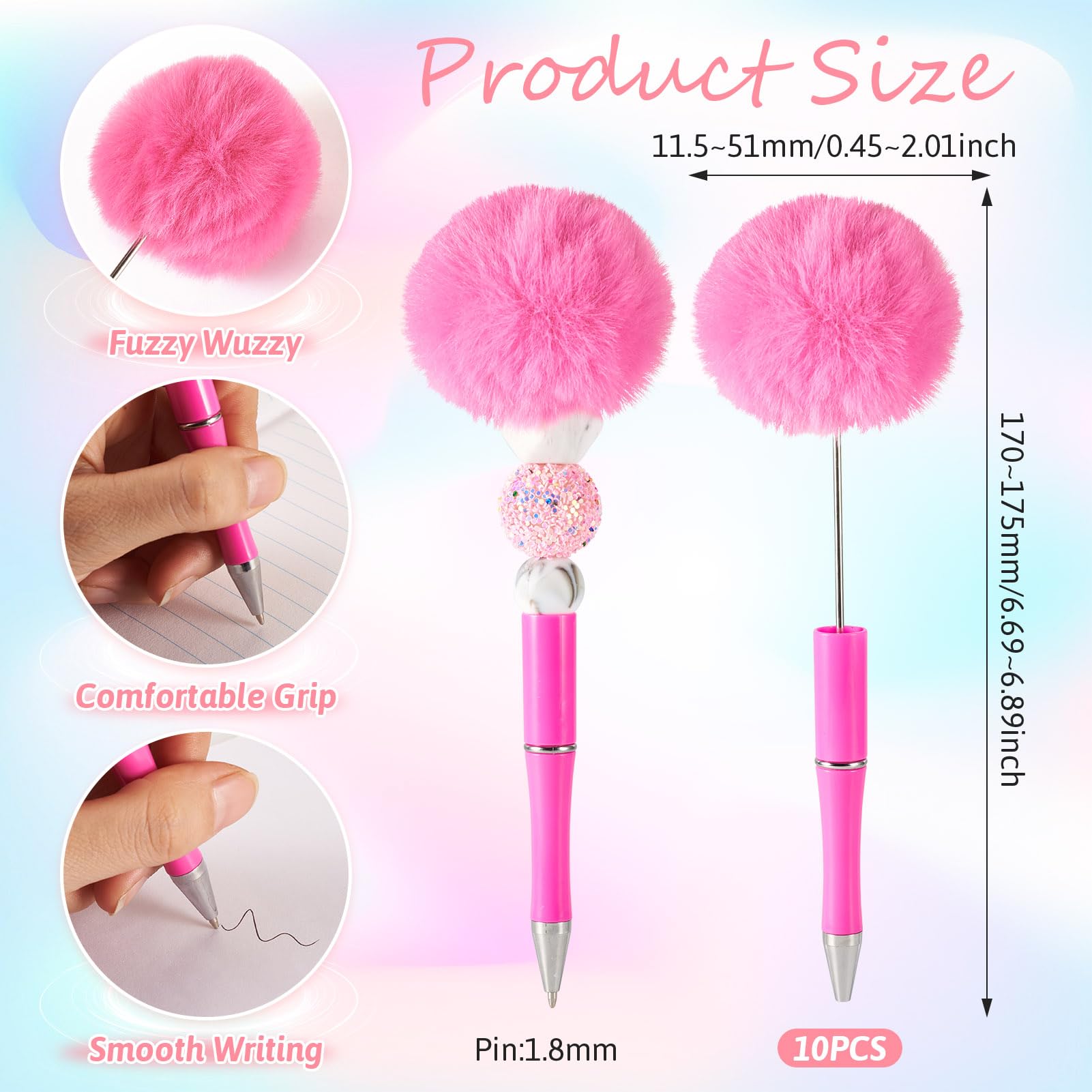 Beadthoven 10pcs Plush Beadable Pens Fluffy Ballpoint Pens Pom Pom Ball-Point Pens for DIY Personalized Beaded Pen Rollerball Pen Office School Supplies - Image 2