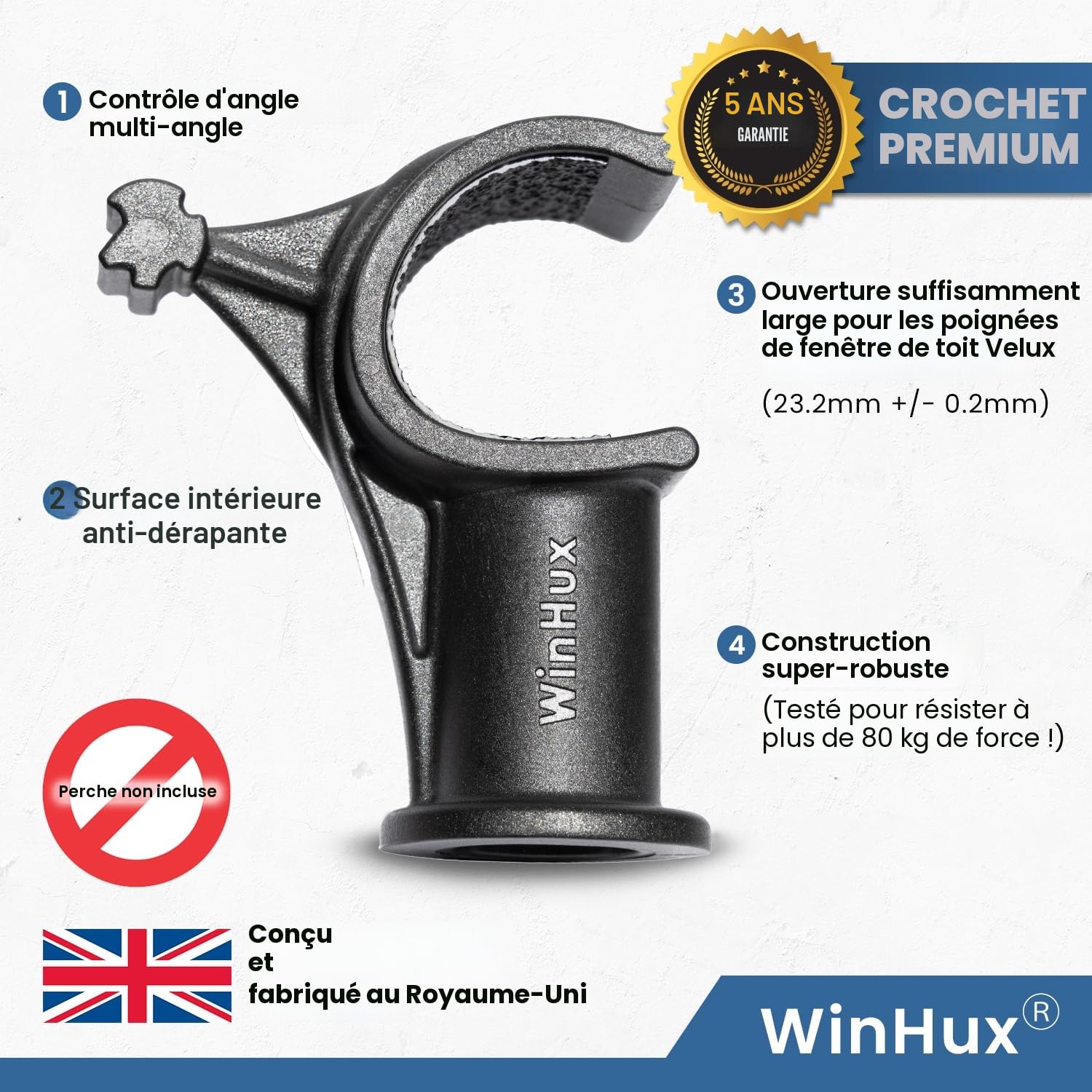 WinHux Crochet de Rechange pour Perche Télescopique — Filetage ACME, Commande de Store Intégrée, Compatible avec Velux Keylite Fakro Rooflite Dakstra