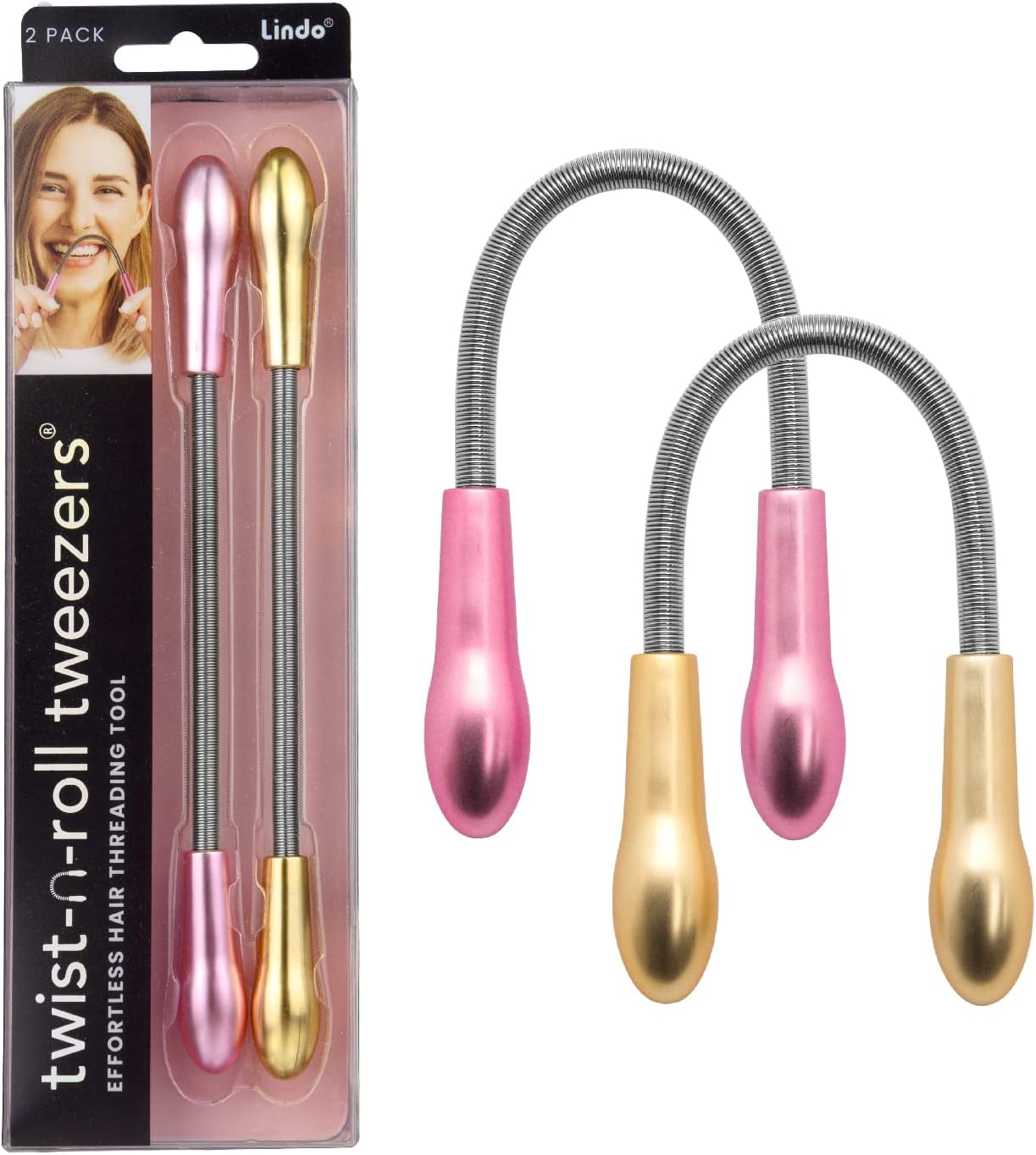 Twist-N-Roll Tweezer - Spring Facial Hair Removal Tool, Natural Threading, Stainless Steel, Remove Unwanted Hair on Upper Lip, Chin, Cheek, and Neck (2 Pack)