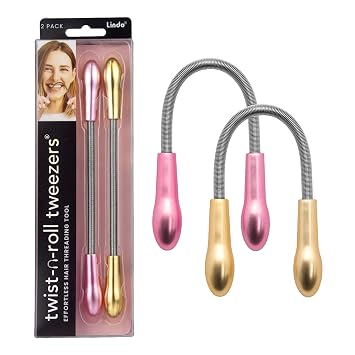 Lindo Twist-N-Roll Tweezer - Spring Facial Hair Removal Tool, Natural Threading, Stainless Steel, Remove Unwanted Hair on Upper Lip, Chin, Cheek, and Neck 2 Pack