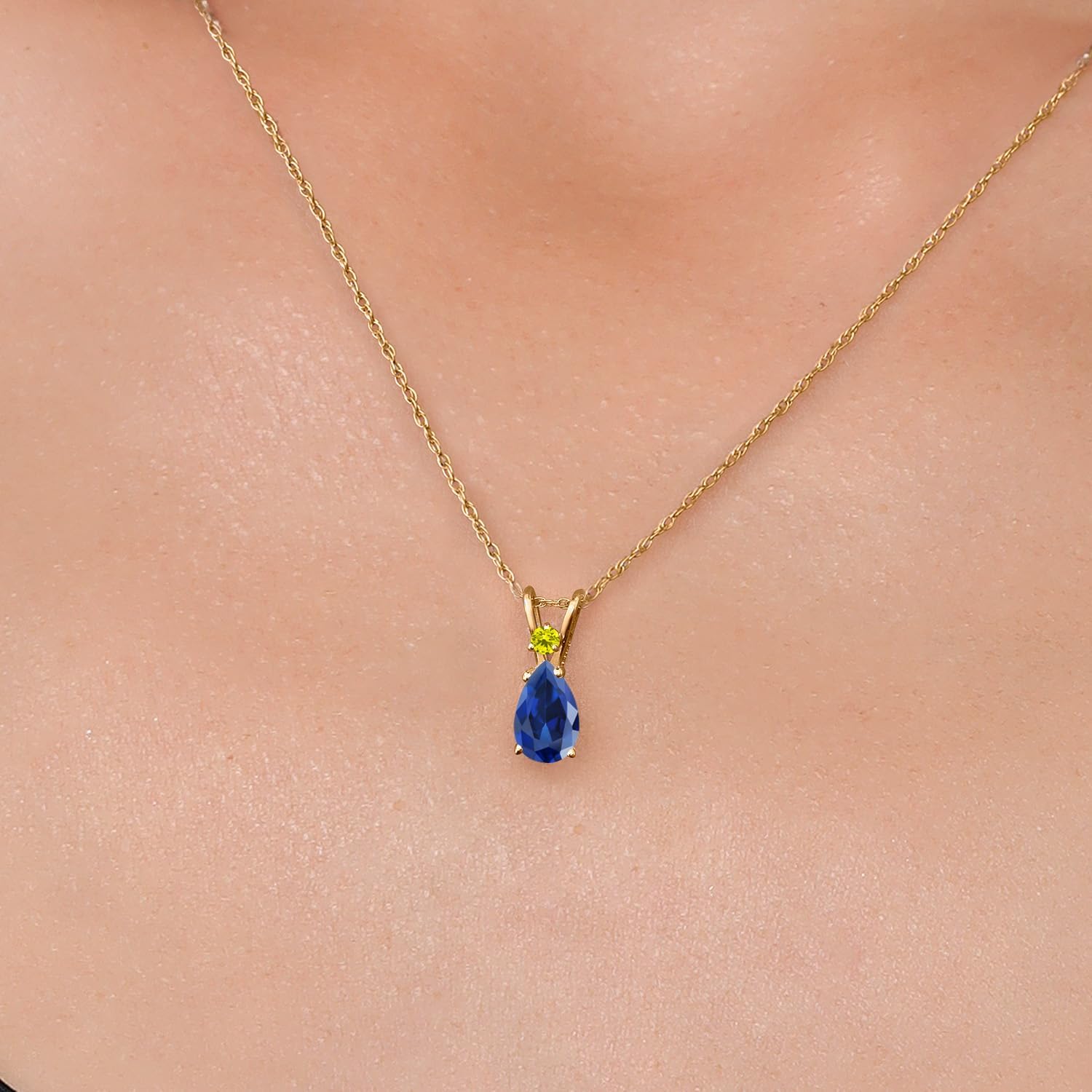 Gem Stone King 14K Yellow Gold Blue Created Sapphire and Canary Diamond Pendant Necklace for Women | 1.14 Cttw | Gemstone September Birthstone | Pear Shape 8X5MM | With 18 Inch Chain - Image 3