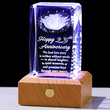 YWHL 25th Wedding Anniversary Crystal Gifts for Couple, Romantic 3D Rose Gifts for Wife Husband, 25 Years Anniverary Glass Keepsake Paperweight Present for Her Him