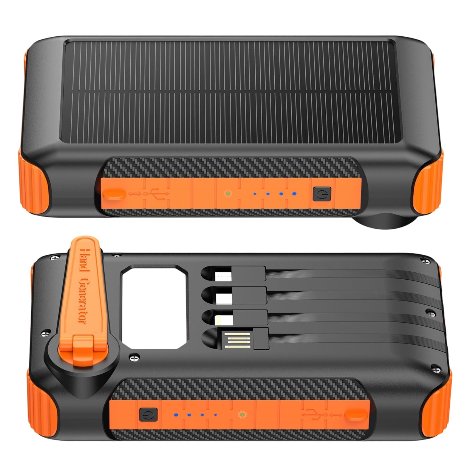 Power Bank da 20000 mAh, caricatore portatile con generatore a manovella, ricarica rapida, 3 cavi di uscita, torcia a LED, luce da campeggio, certificata UKCA per campeggio all'aperto