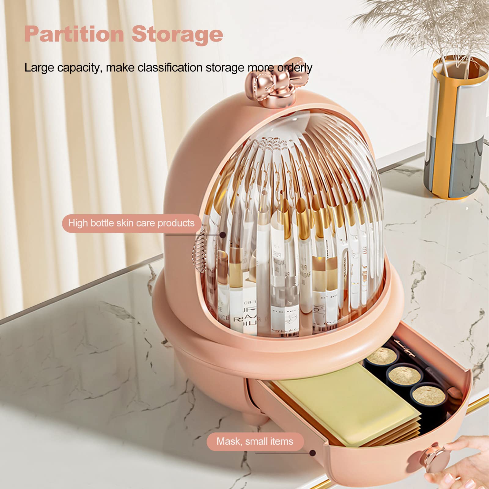 Galatée Tragbare Make Up Organizer Hohe Flasche Kosmetikbox Kosmetische Aufbewahrungs Box Mit Staubdichtem Deckel, Beauty Organizer Mit 1 Schubladen - 25 * 25 * 35cm -Pink