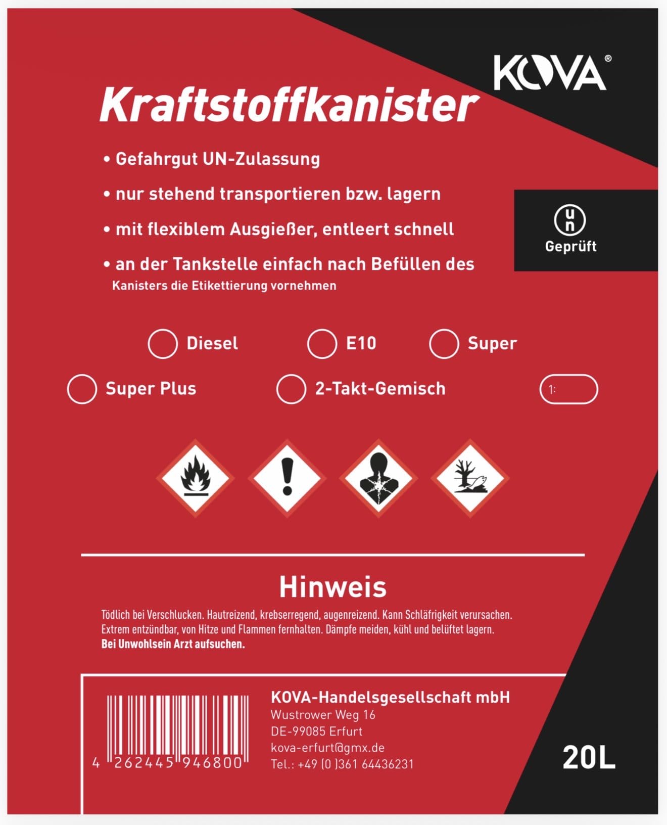 5x Benzinkanister 20L ROT Kunststoff Dieselkanister Reservekanister Kraftstoffkanister 20 Liter Kanister, Wasserkanister für Benzin Diesel Wasser AdBlue, 20-Liter-Kanister & Ausgießer Petrol Can, A