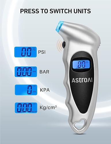 Miniatura 2 de AstroAI Medidor digital de presión de neumáticos de 150 PSI 4 ajustes para automóvil camión bicicleta con LCD retroiluminado y accesorios de