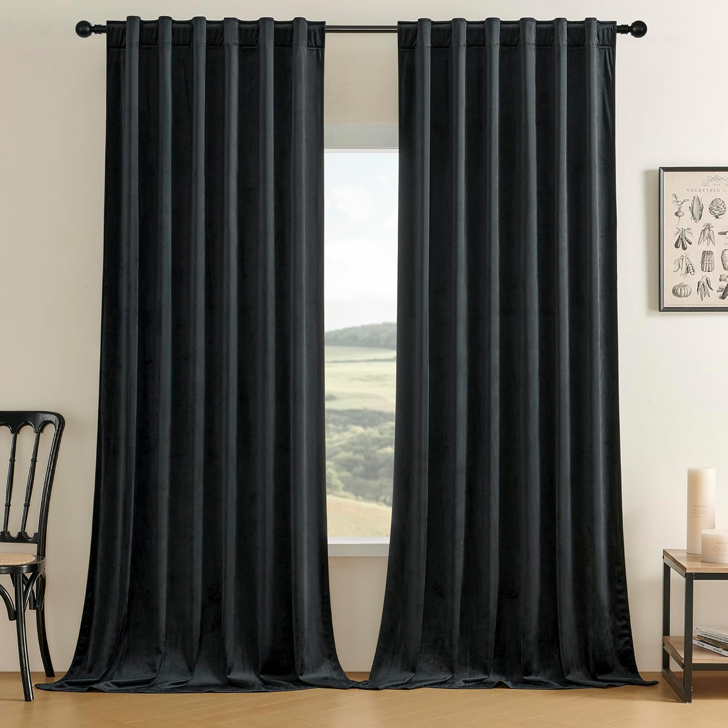 Timeper 72 inches Length Velvet Curtains, Blackout Thermal Insulated Drapes Window Treatment Luxury Solid Decor for Home Office Study Room, Rod Pocket & Back Tab, Black, W52 x L72 inches, 2Pcs W52 x L72 Black