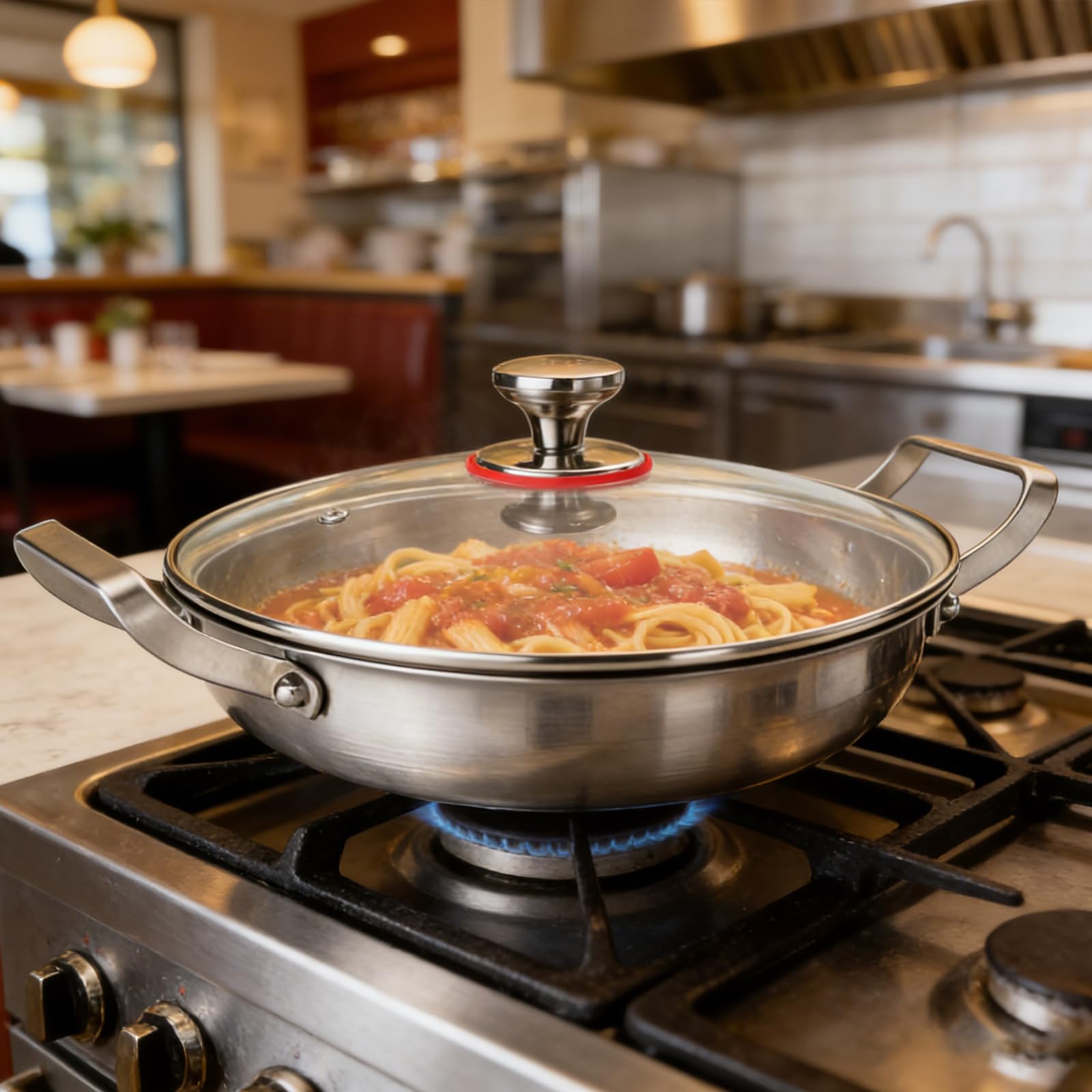 Padella in acciaio inox martellato titanio 32 Cm, Padella a tre strati induzione, senza rivestimento antiaderente naturale, friggere saltare stufare a vapore, coperchio vetro 2 maniglie