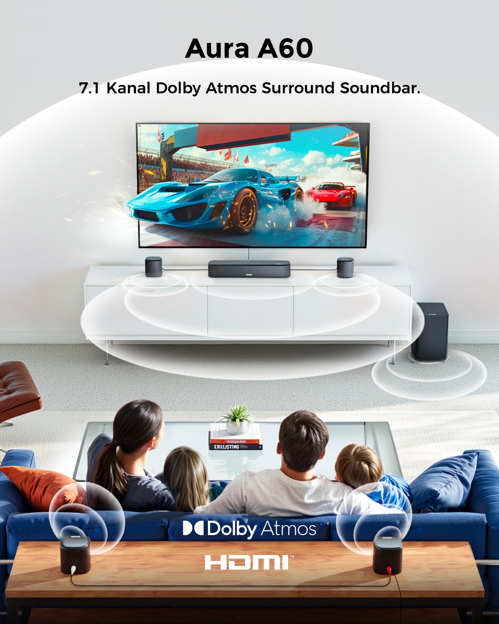 ULTIMEA 7.1 Soundbar für TV Geräte, Dolby Atmos Surround Sound System mit 4 Surround Lautsprechern, TV Soundbar mit Subwoofer für Heimkino Soundsystem, App, HDMI eARC, Bluetooth 5.3, Aura A60