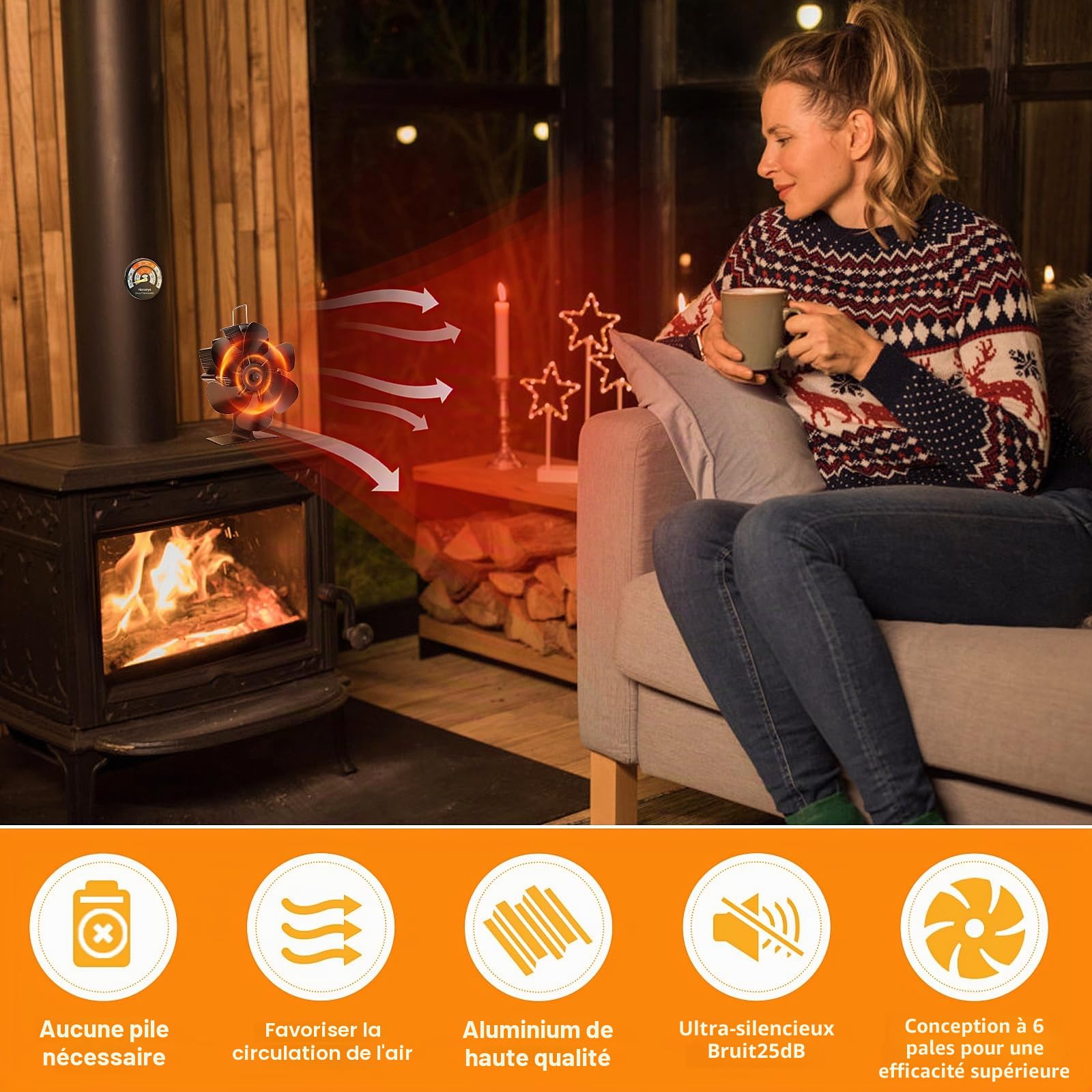 Hanaoyo Ventilateur de poêle à bois à 6 pales, alimenté par la chaleur, ventilateur de poêle à bois, fonctionnement silencieux, ventilateur de poêle pour poêle à bois, cheminée
