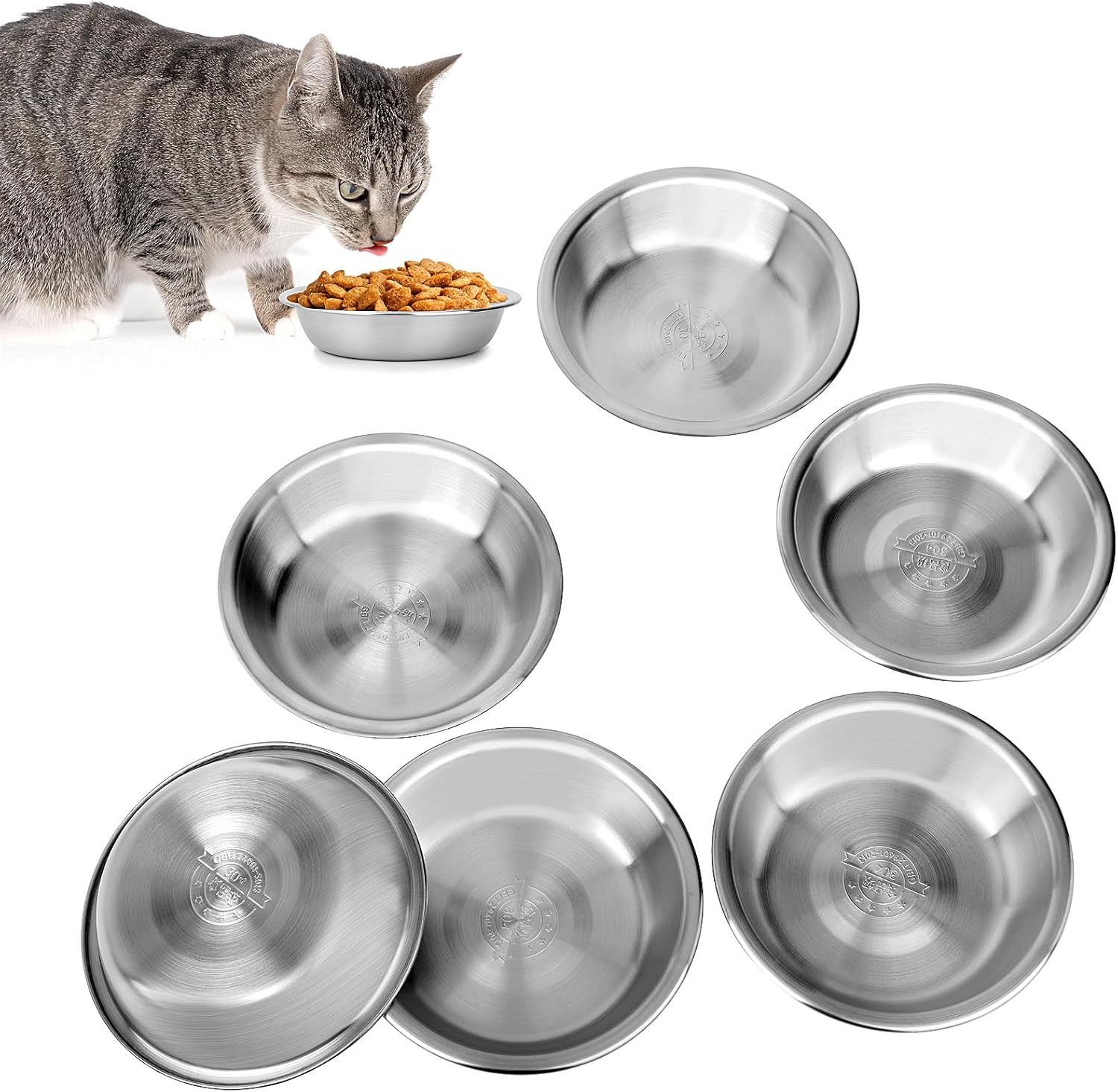 6 Pcs Stainless Steel Cat Bowls, Metal Cat Bowls Whisker Friendly, 5.5Inch Shallow Wide Cat Food Dishes, Replacement Basic Cat Plates