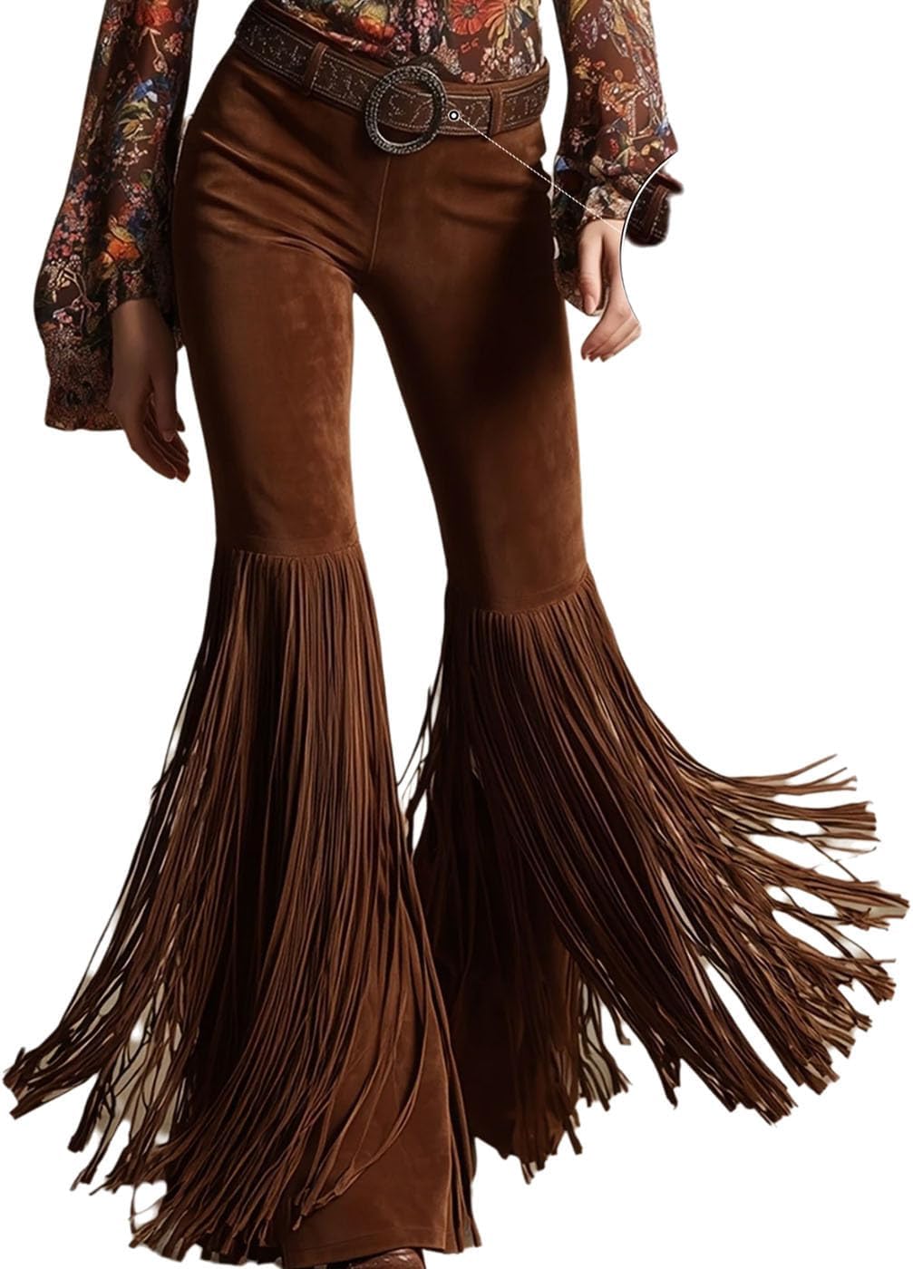 Brown Suede Fringe Flared Pants for Women Wide Leg High Waist Tassel Vintage Western Country Concert Outfit