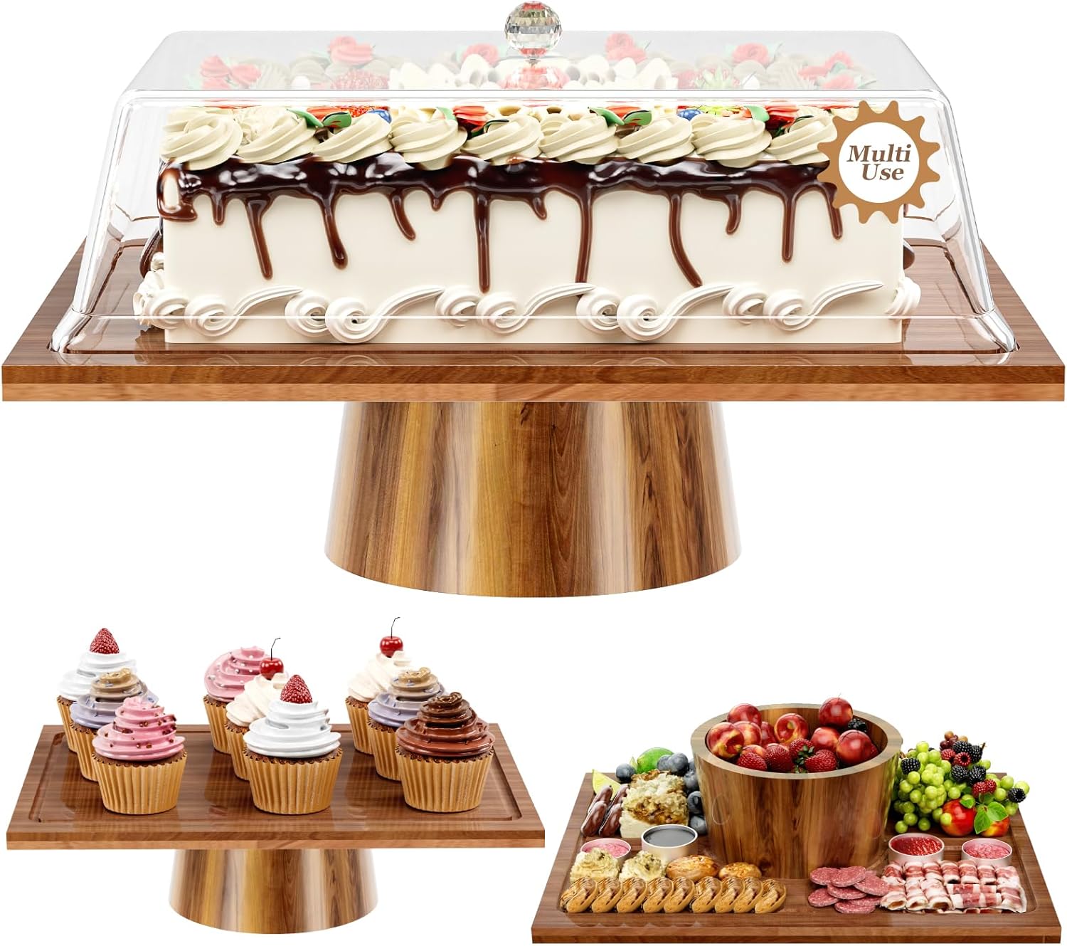 2 in 1 Cake Stand and Charcuterie Board, Rectangle Cake Stand with Lid, Dessert Table Display Set for Cheese, Chips, Dips, Nachos, Fruit Platter, Donut