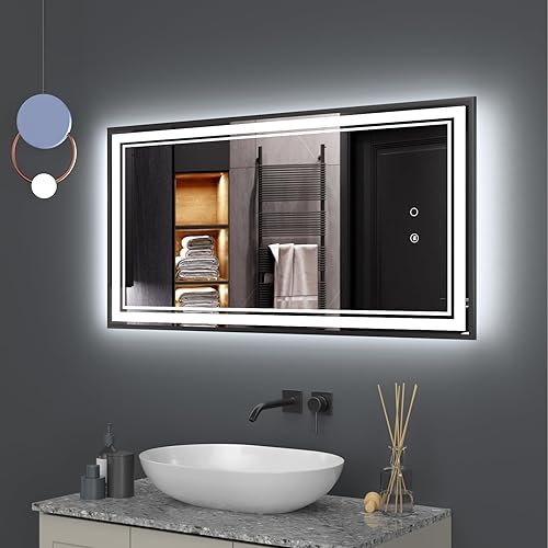 Espejo de baño LED de 30 x 18 pulgadas con luces enmarcadas, espejo LED para baño, retroiluminado y frontal iluminado, marco de aluminio cuadrado