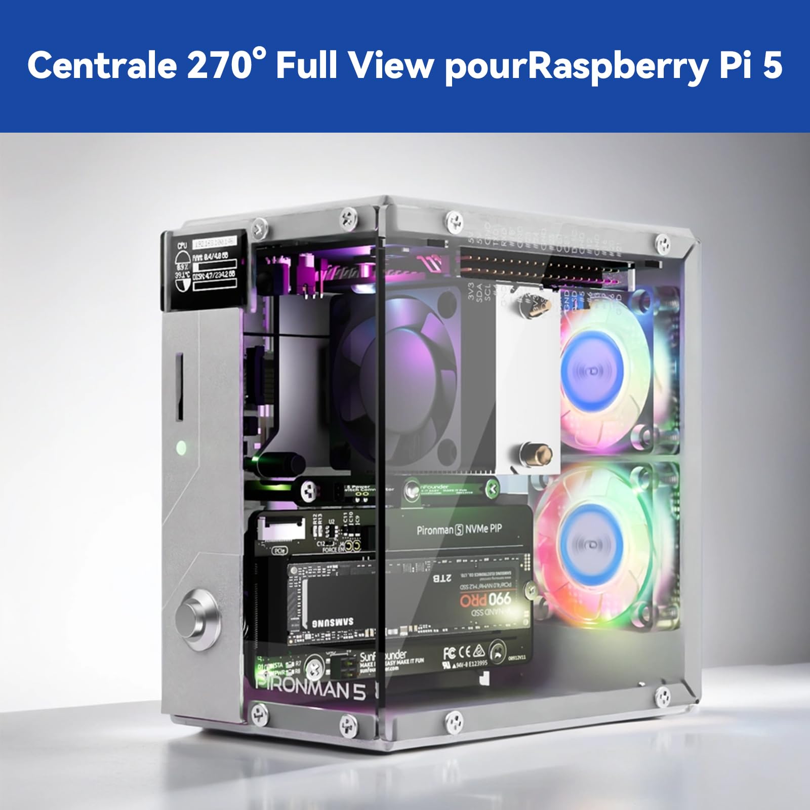 Pironman 5 boîtier Mini PC NVMe M.2 SSD PCIe 2.0/3.0 pour Raspberry Pi 5 Hailo-8L, agent IA OpenClaw, refroidissement tour + double ventilateurs RGB, module OLED 0,96", arrêt sécurisé, HDMI, effet RGB