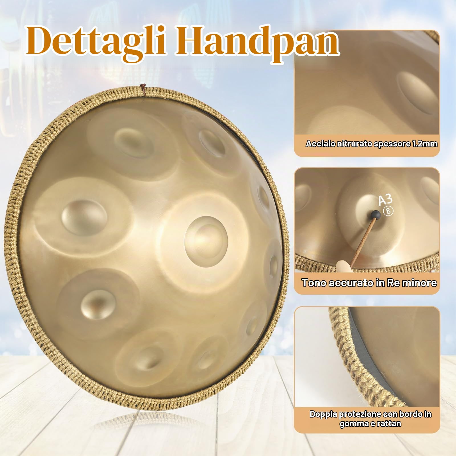 Handpan, 22 Pollici10 Note 440Hz Oro Handpan Strumento Musicale Tongue Drum in Re Minore per Yoga, Meditazione con Bacchette da Borsetta, Supporto per Batteria