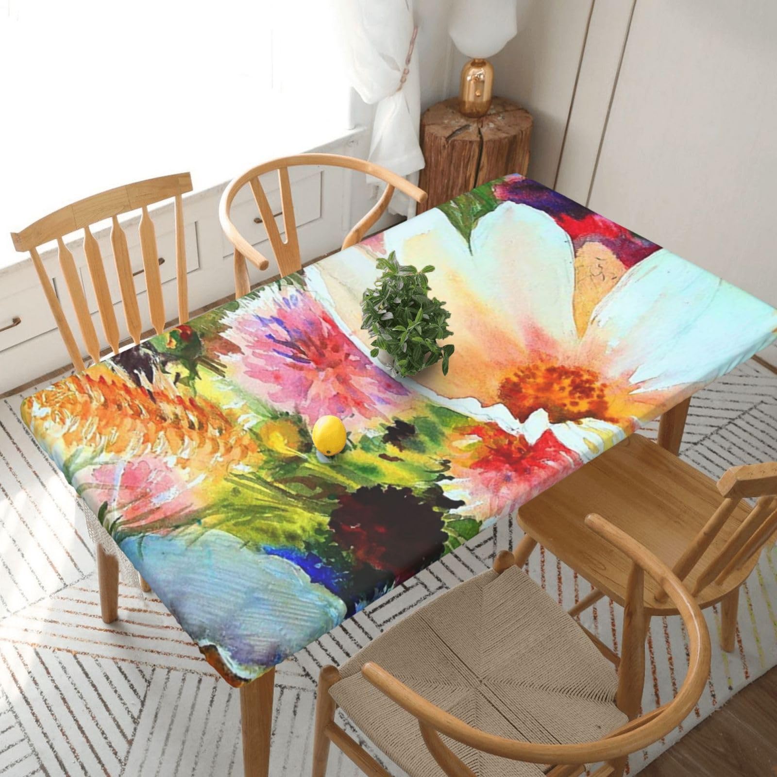 DCEHGEW Elastic Fitted Rectangle Tablecloth for 5ft Tables, Watercolor Abstract Flowers Printed Oilproof & Washable Fabric Picnic Table Cloth Table Covers