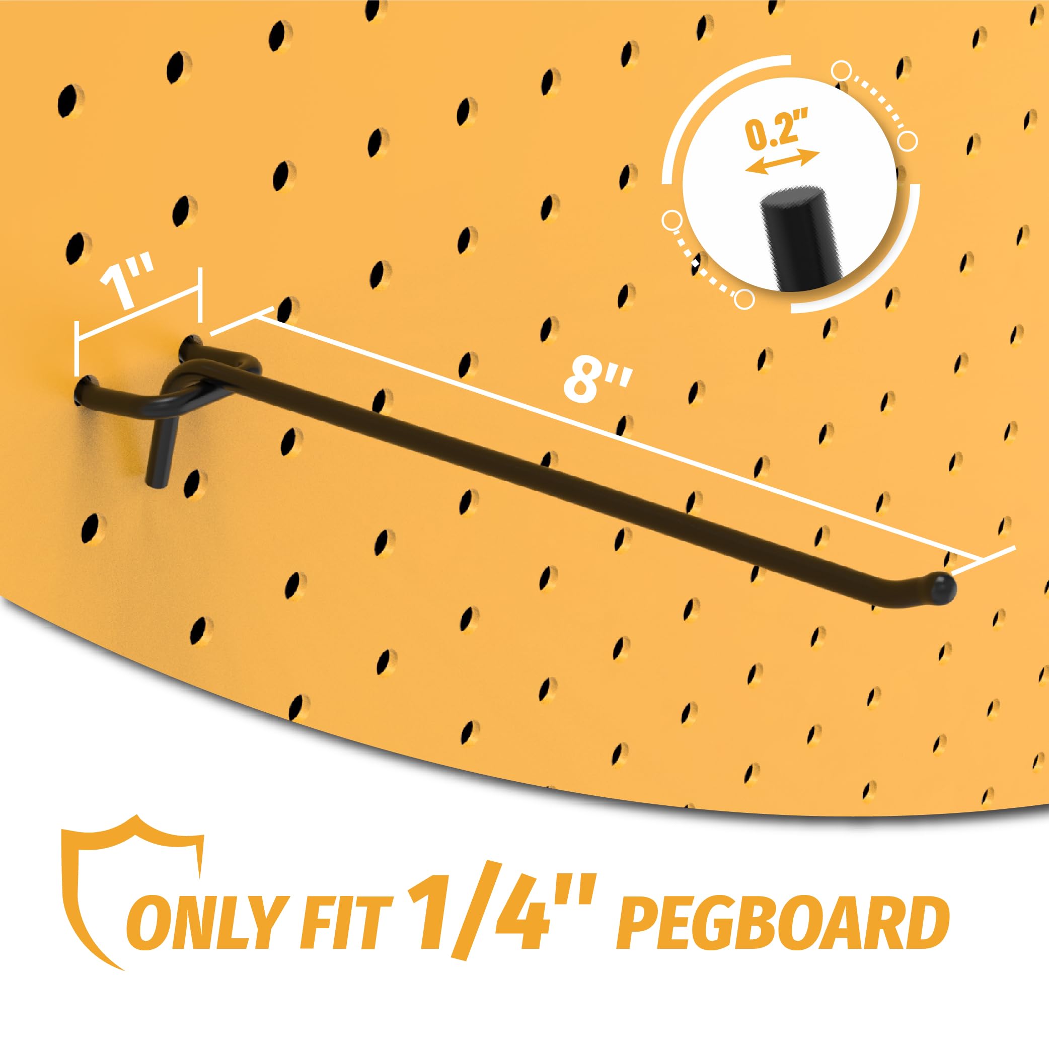 HUHOLE 25 Pack Black Pegboard Hooks 8 Inch, Heavy Duty Metal L-Hooks for 1/4" Peg Board, Garage Tool Organizer - Image 2