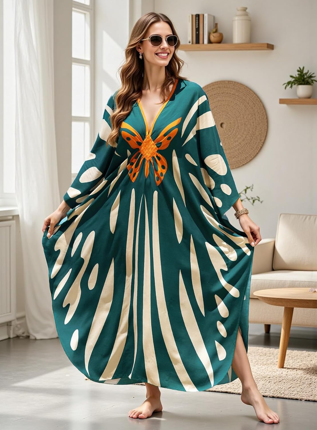 Women's Plus Size Kaftan Dress - Batwing Sleeve Long Beach Cover Up Maxi Dress Swimsuit Cover Loungewear - Image 2