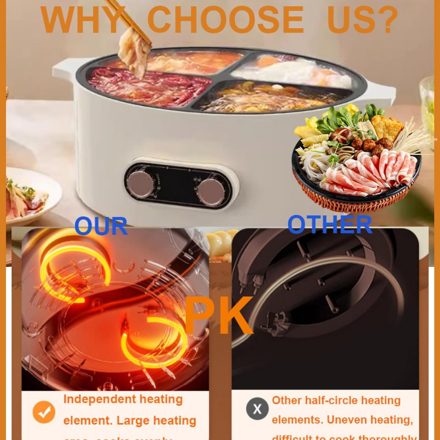 Four Grid Multifunctional Stew Pot, Electric Pot 4 Compartment 4 Compartment Divider Cooker -6L Shabu Shabu Pot Electric Large For Home Party