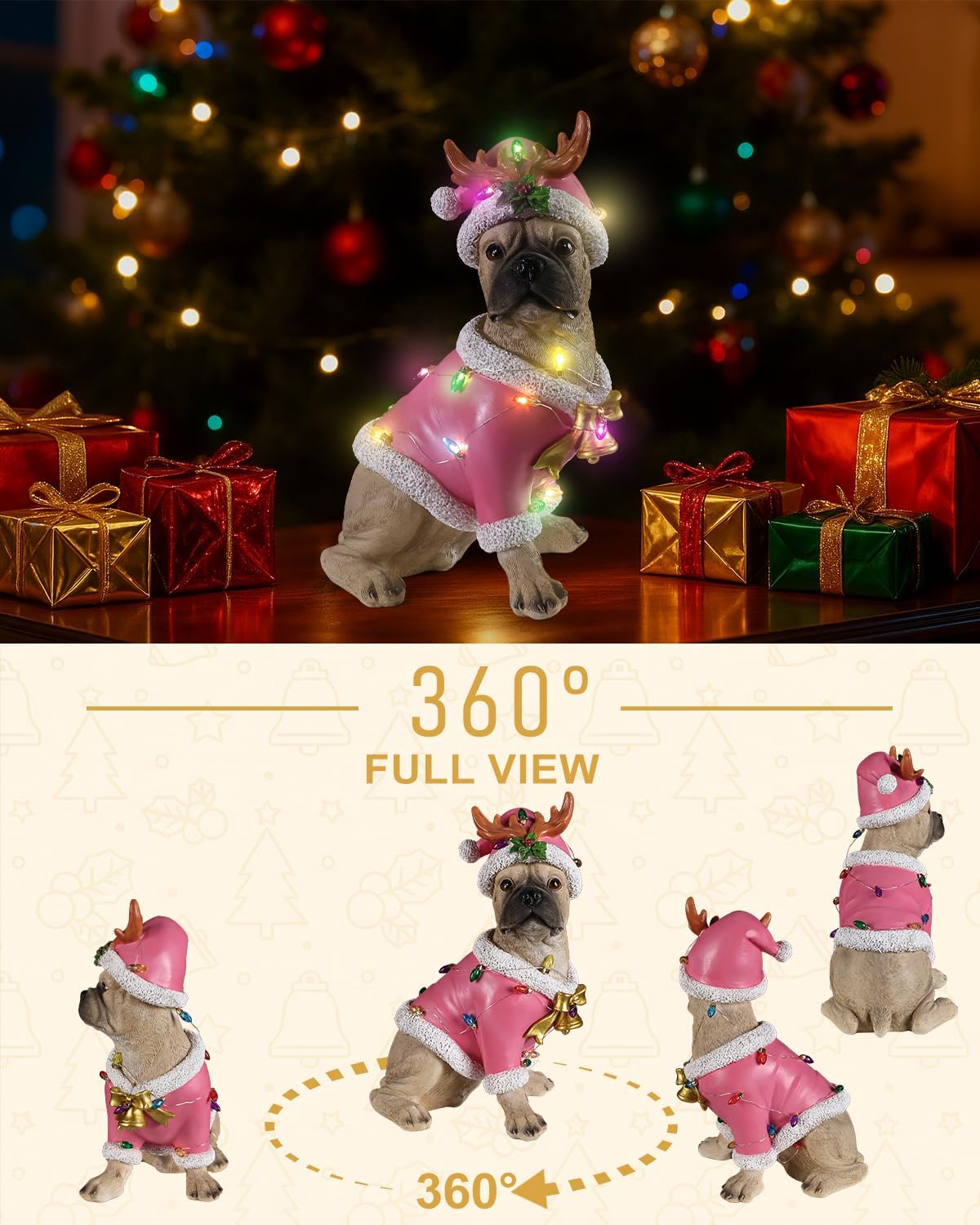 Outdoor Christmas Dog Statue - Santa's Gifts Pink Christmas Decor Bulldog with Pink Santa Hat and Led Lights for Home Indoor Outdoor Sculpture