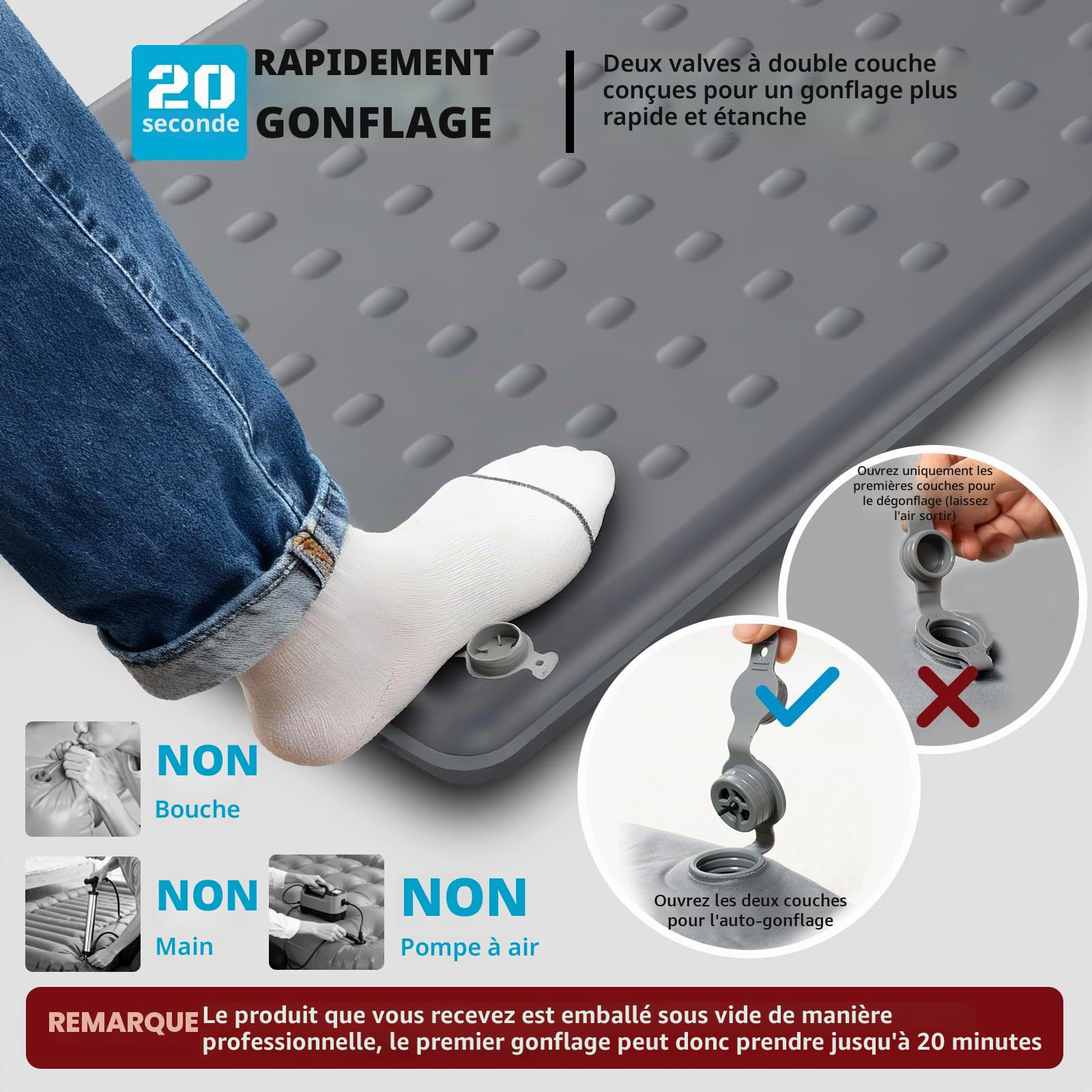 Kasimo Tapis de couchage à mémoire de forme pour camping, 7,6 cm, compact en mousse ultra épaisse avec oreiller, matelas de camping isotherme de 9,5 R ou voiture, voyage, tente de randonnée, maison