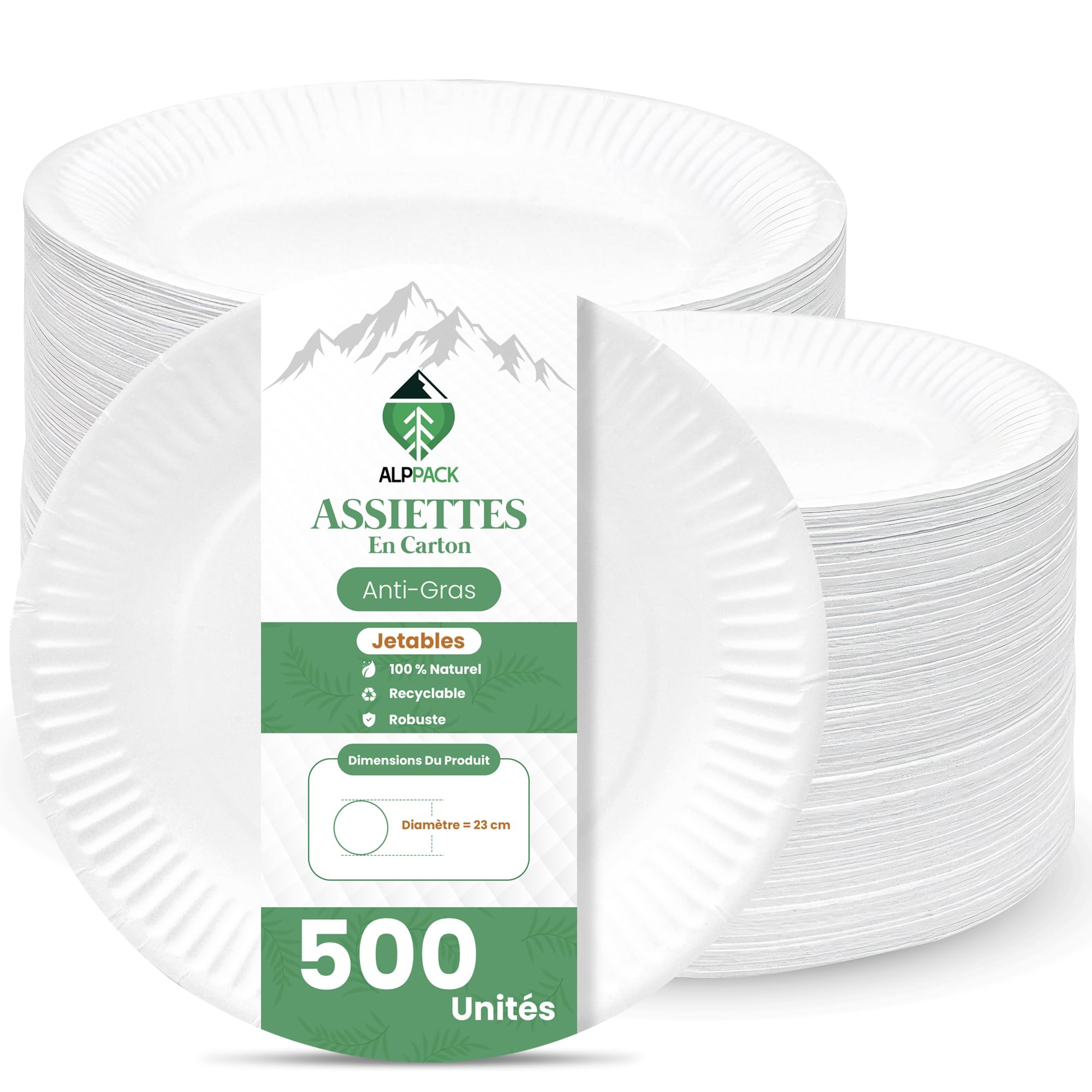Assiette jetable en carton blanc anti-fuite – 500 pcs Ø 23 cm, assiettes plates, vaisselle jetable pour décoration anniversaire, pique-nique, barbecue, alternative à l'assiette plastique reutilisable